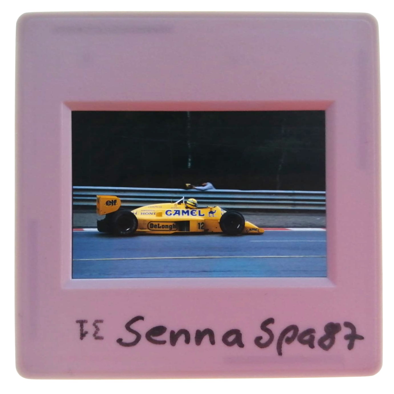 altes Presse Foto DIA, Ayrton Senna, Camel Lotus Honda, Formel 1 Grand Prix Belgien Spa-Francorchamps 1987, 5x5cm