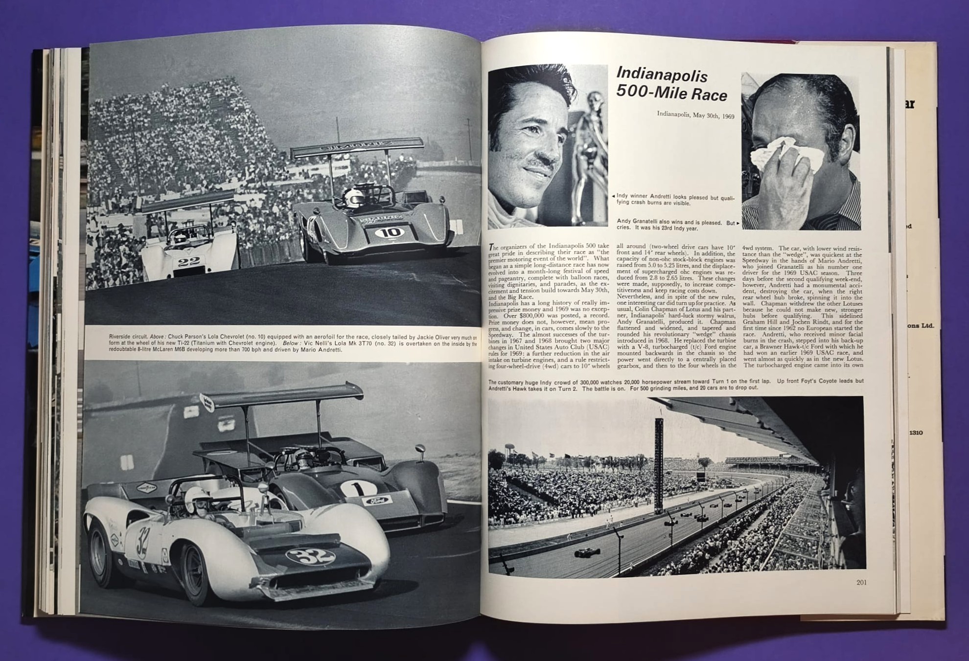 altes Buch, Automobile Year 1969-1970, Ford Capri, Opel Manta,.. Formel 1, LeMans, Rallye, Indy Car,.. Jochen Rindt, Hill, Ickx, Siffert, Stewart,.. Lotus, Ferrari, Porsche 917, Matra,.. ENGLISCH!