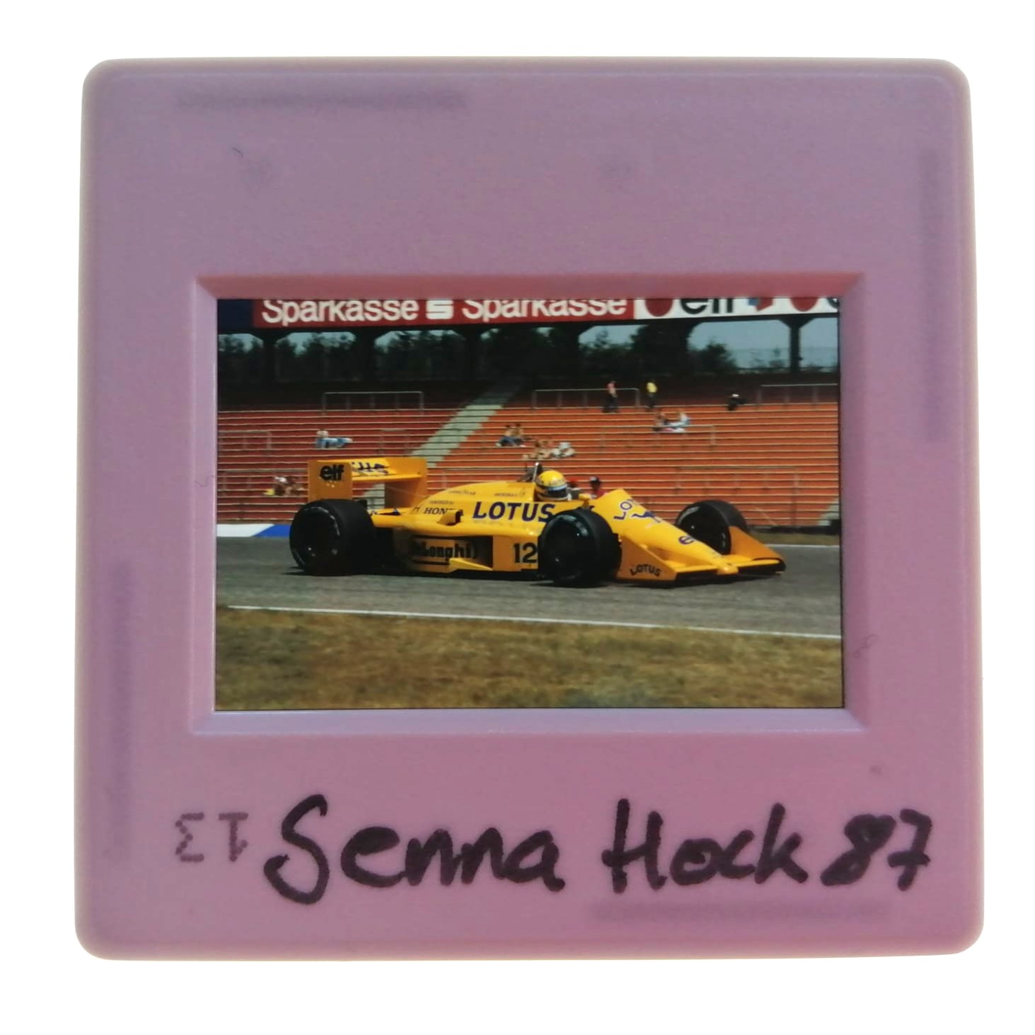 altes Presse Foto DIA, Ayrton Senna, Camel Lotus Honda, Formel 1 Grand Prix Deutschland Hockenheimring 1987, 5x5cm