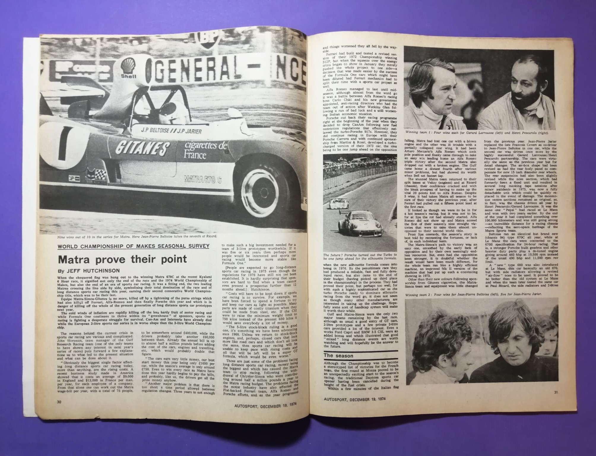 alte Zeitschrift Magazin Heft Autosport, 19. Dezember 1974, Martini Porsche Carrera, Matra, Sportwagen WM, Formel 1,.. Englisch!