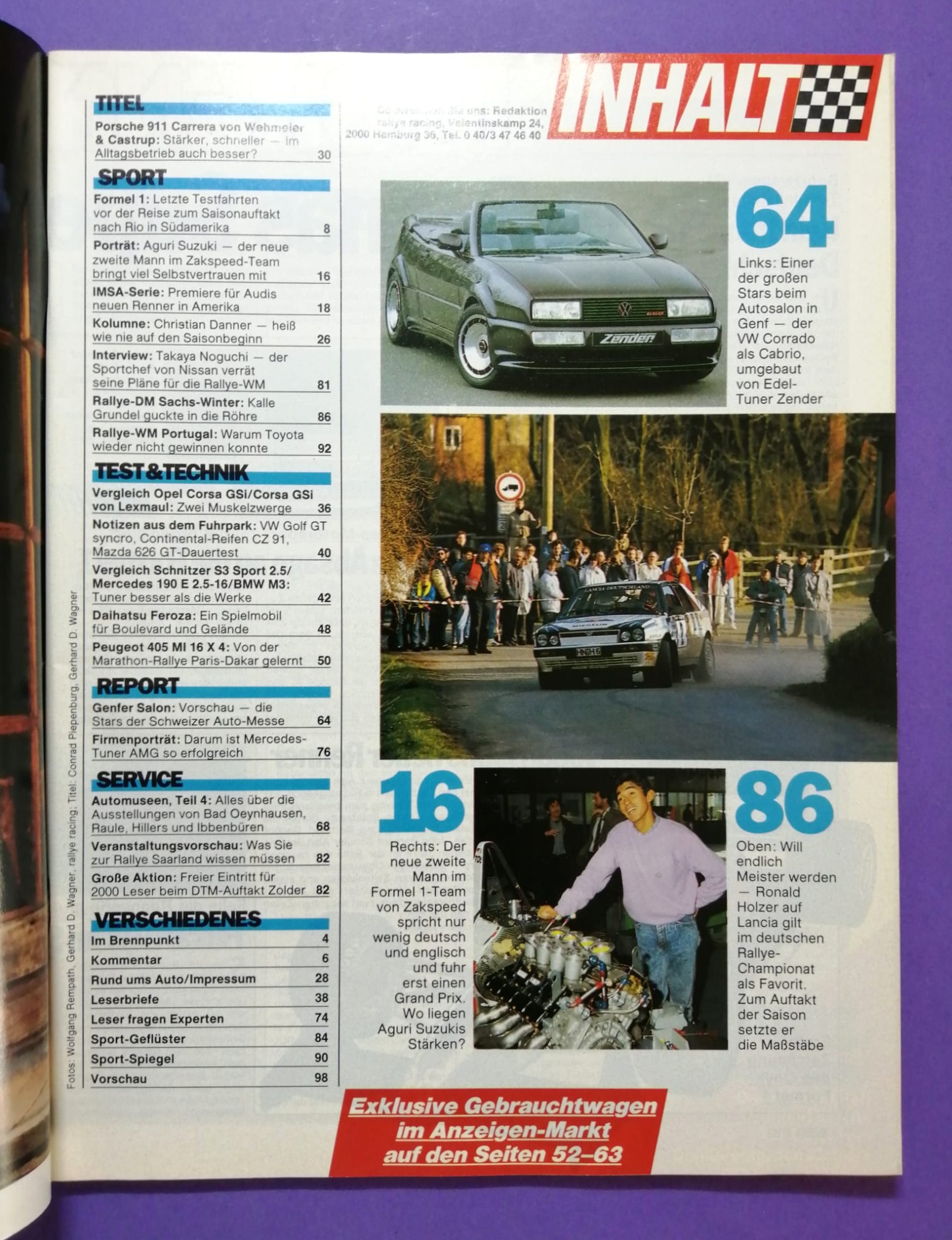 alte Zeitschrift, Magazin, Heft, Rallye Racing, Nr. 6, 15. März 1988, Vergleichstest BMW M3 E30, Schnitzer, Mercedes 190, Audi TransAm, Formel 1,..