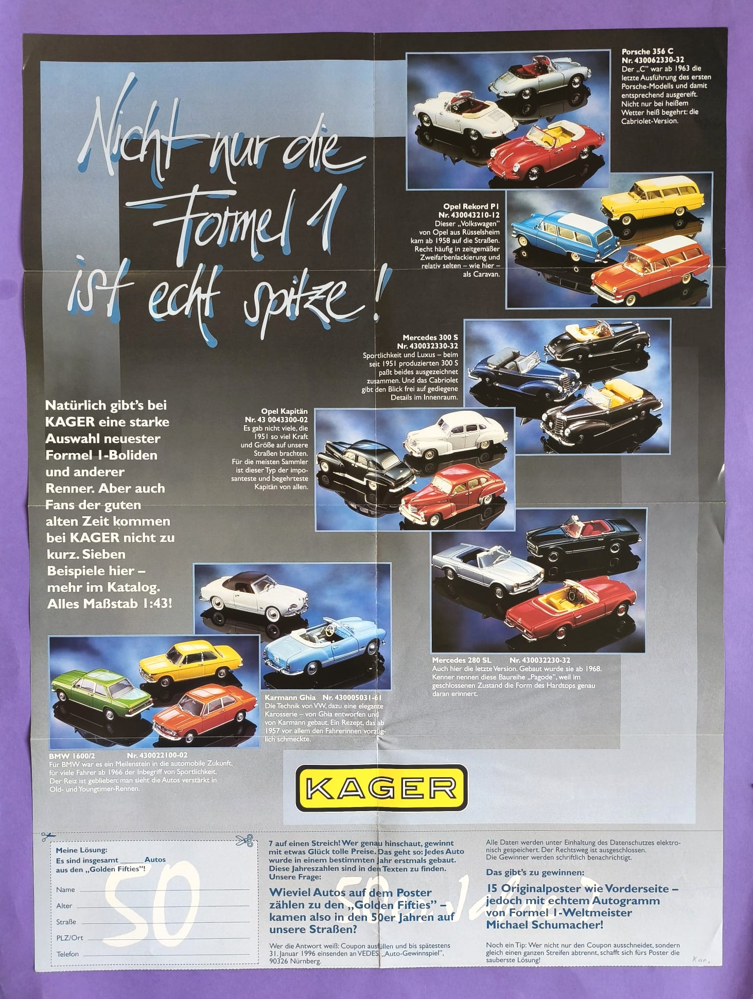 altes Poster Michael Schumacher, Johnny Herbert, Benetton Renault, Formel 1 Grand Prix Weltmeister 1995, 45x61cm