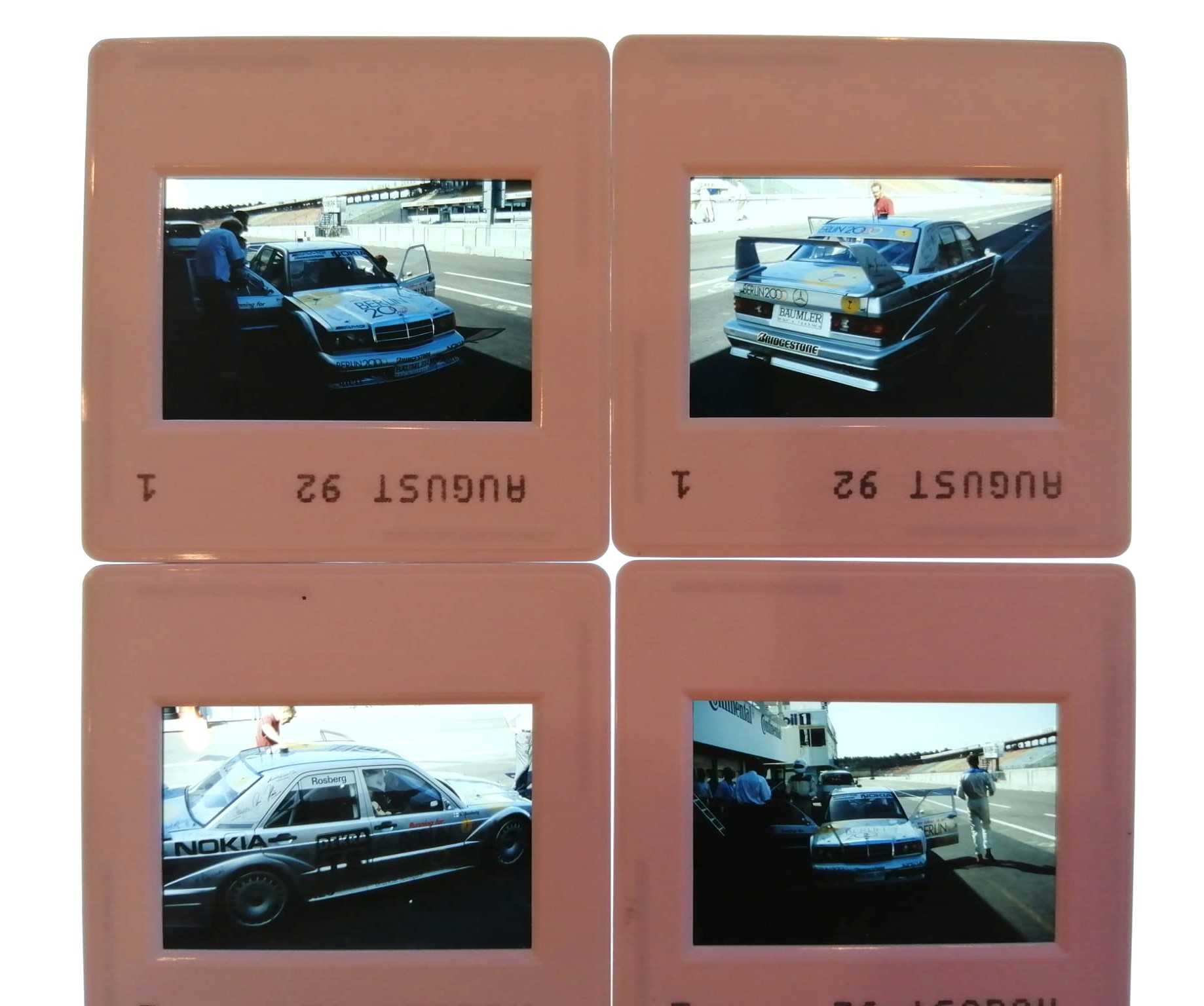 6 Stück alte Presse Foto DIAs, Berlin 2000 Mercedes-Benz 190E Evo DTM, Testfahrten Hockenheimring 1992, Keke Rosberg, 5x5cm