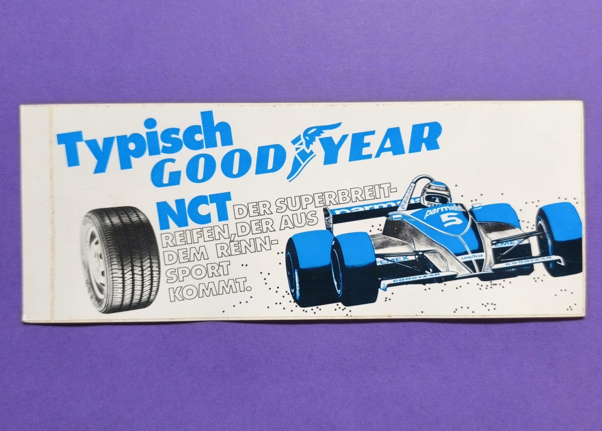 RARITÄT! alter Good Year Reifen Aufkleber Sticker, Nelson Piquet, Brabham, Formel 1 Grand Prix Weltmeister 1981, 8 x 19 cm
