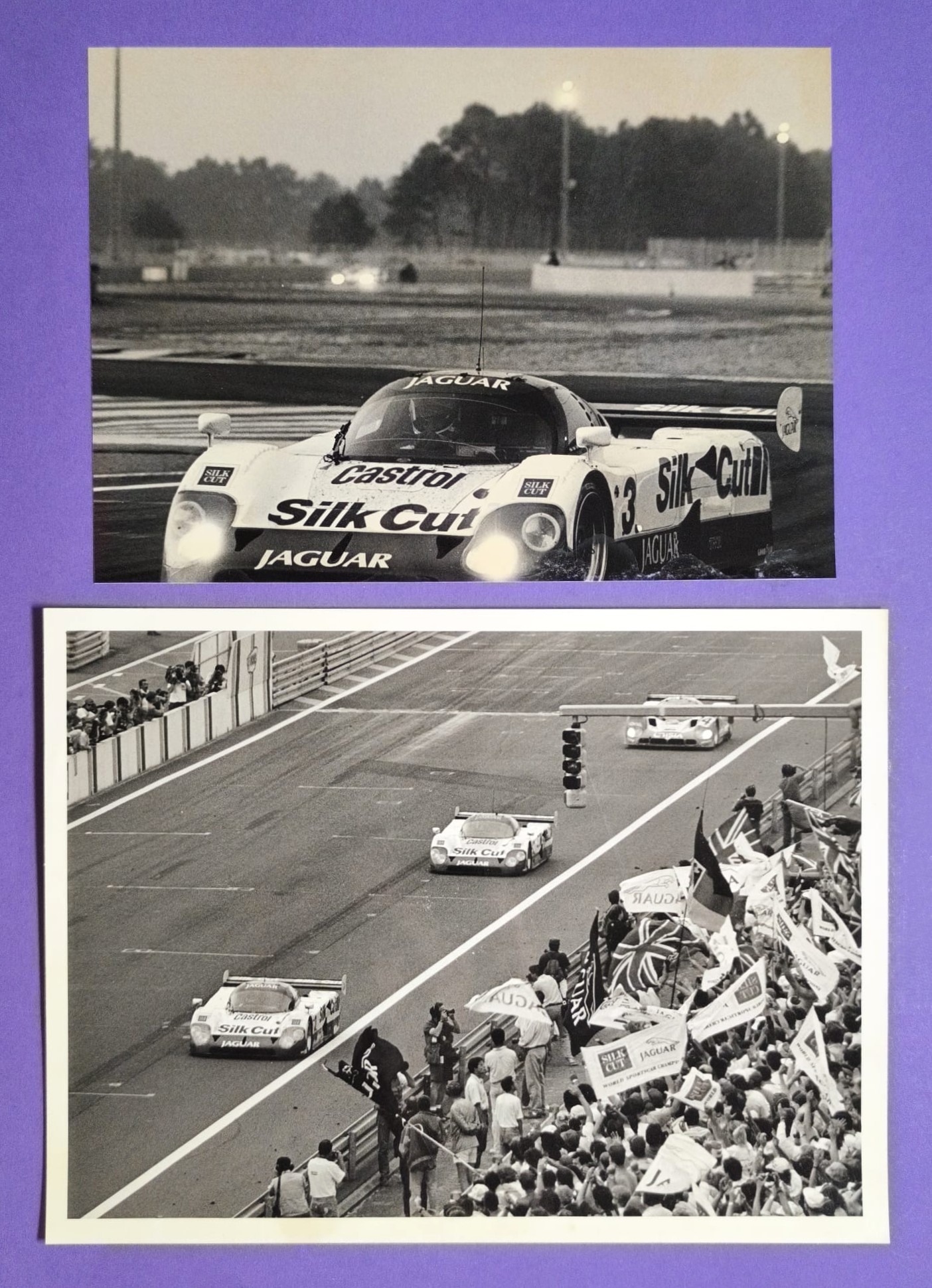 2 Stück alte Pressefotos, Silk Cut Jaguar XJR-12 Gruppe C, Tom Walkinshaw Racing, Sieger 24h LeMans 1990