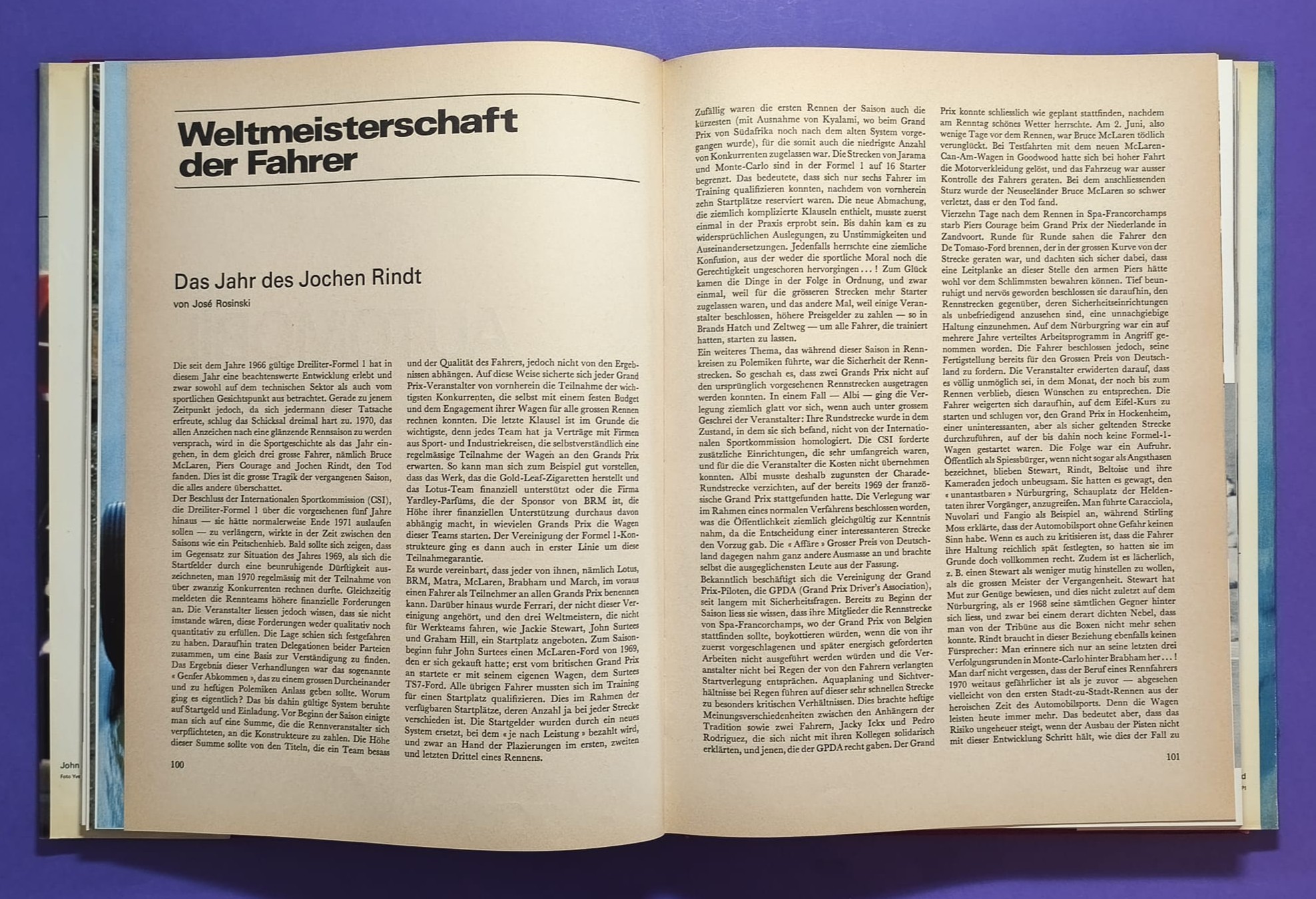 altes Buch, Auto Jahr 1970-1971, Nr. 18, Jochen Rindt Formel 1 Grand Prix Weltmeister, Lotus72, LeMans, CanAm, Indy Car,.. Stewert, Cevert, Ickx, Brabham,.. Ferrari, Porsche 917, Matra,.. Citroen SM, Straßenautos,..