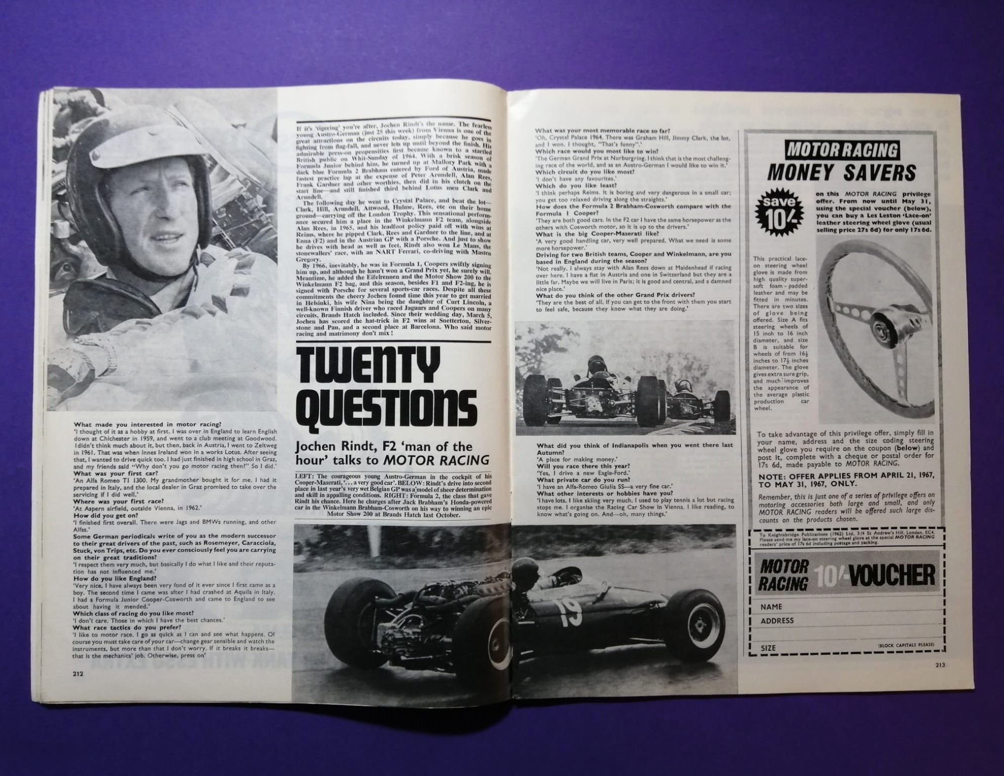 alte Zeitschrift Magazin Heft, Motor Racing, 05/1967, Interview Jochen Rindt, Formel 1 Grand Prix, Mittelposter Ferrari,.. Englisch! 