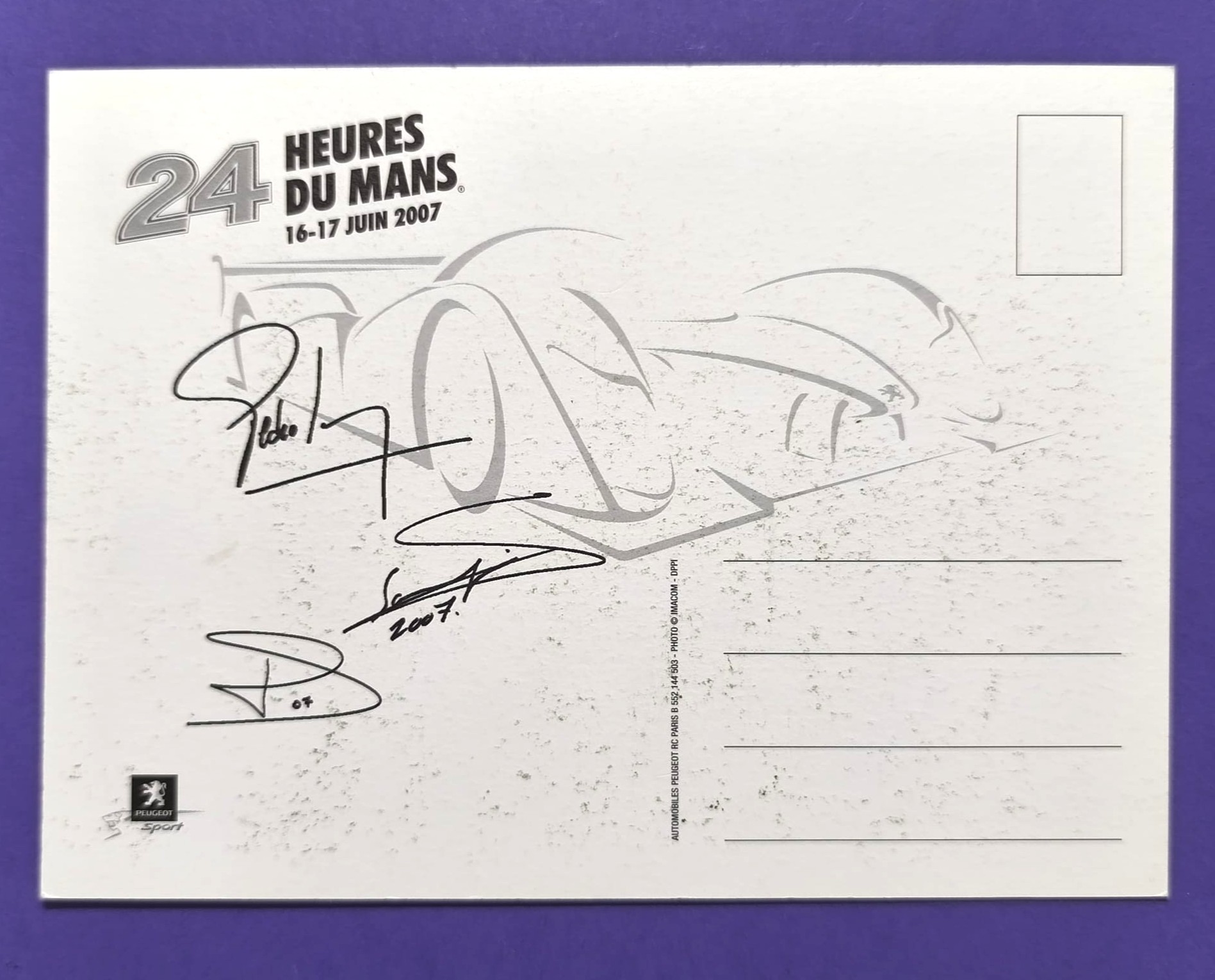alte Autogrammkarte, Peugeot 908 HDi, 24h LeMans 2007, Pedro Lamy, Stephane Sarrazin, Sebastien Bourdais, 13x17cm