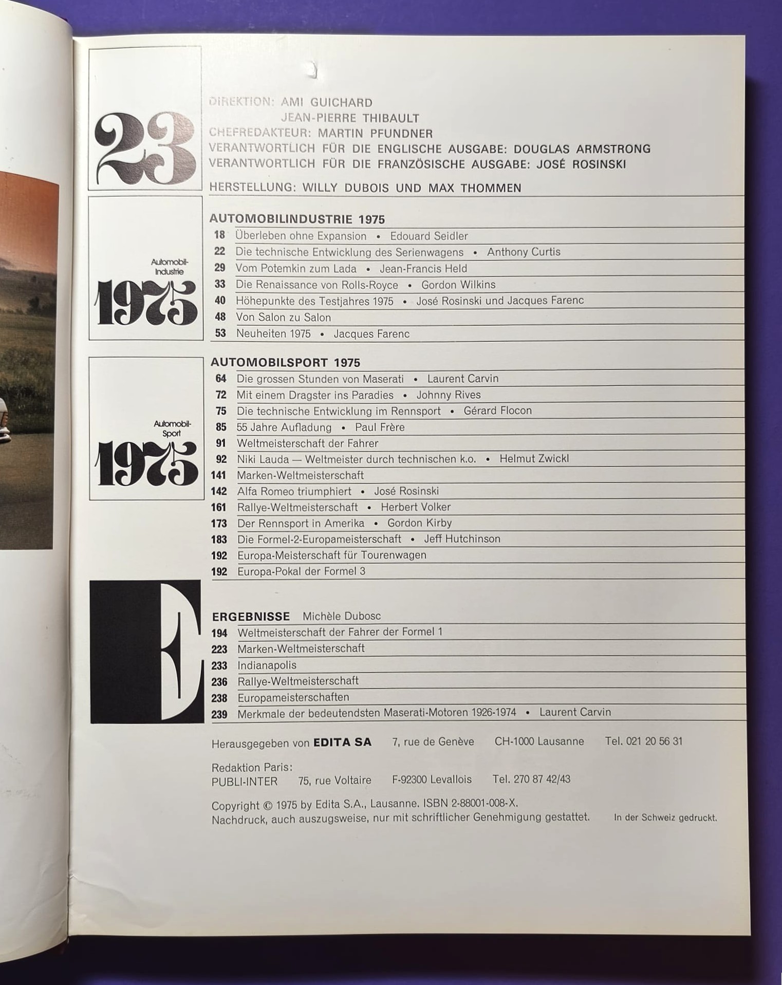 altes Buch, Auto Jahr 1975-1976, Nr. 23, Alfa, Lancia Stratos, Jaguar, Porsche, Rolls-Royce, .. Formel 1, 3, LeMans, Rallye,.. 6 Rad Tyrrell, Niki Lauda Ferrari, Hunt, McLaren, Lotus,..