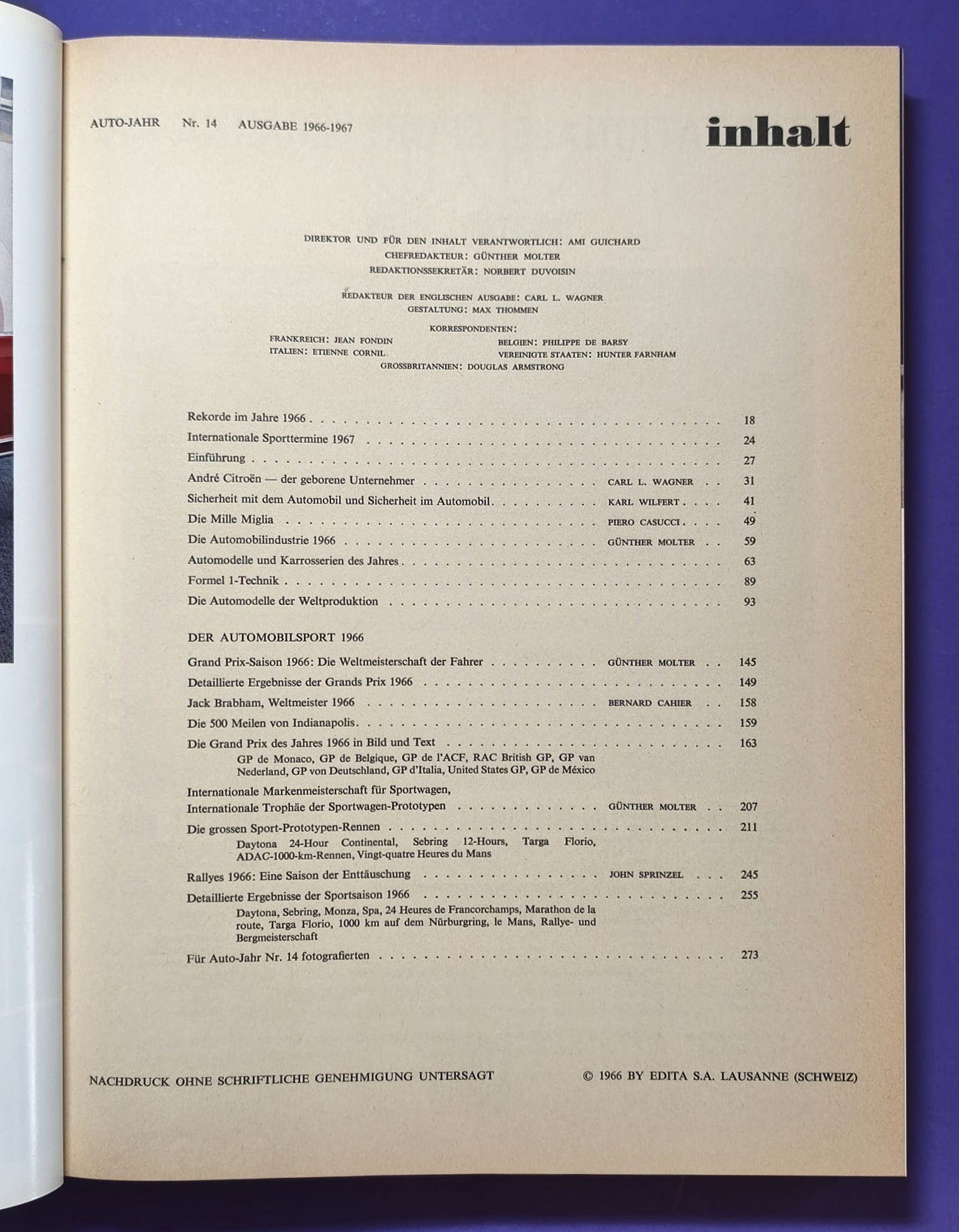 altes Buch, Auto Jahr 1966-1967, Nr. 14, Ferrari, Ford GT40, Porsche, Lamborghini Miura,.. Formel 1, LeMans, Rallye, Mille Miglia,.. Jochen Rindt, Brabham, Clark, Hill,.. 