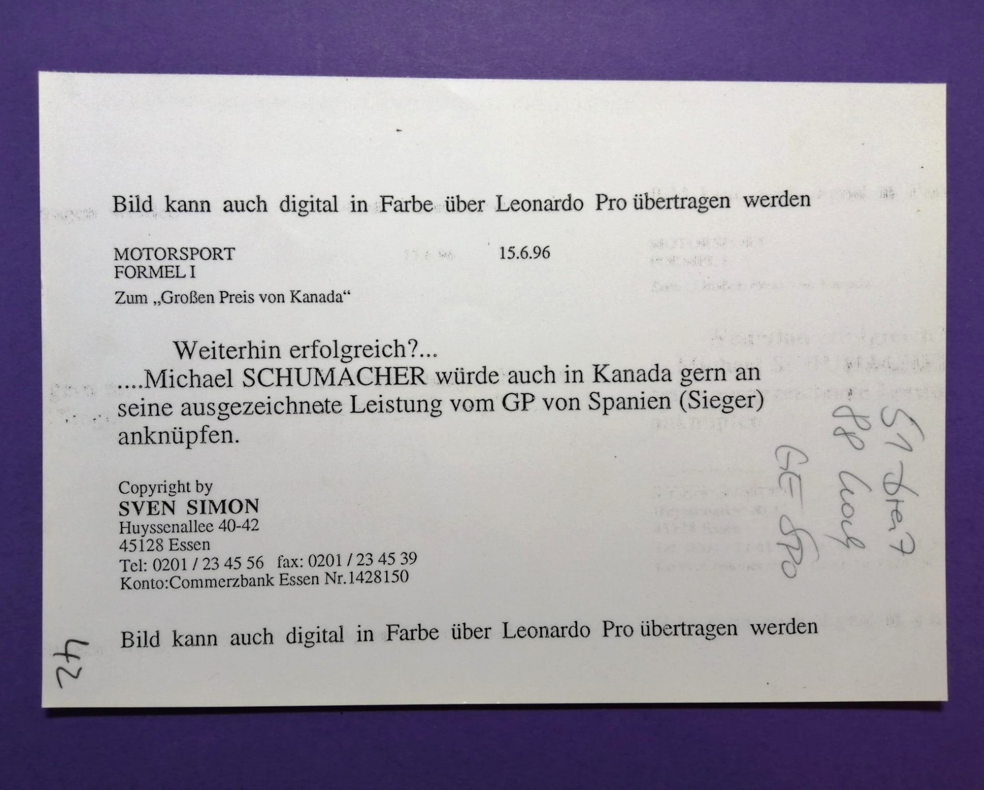 altes Pressefoto, Michael Schumacher Ferrari, Formel 1 Grand Prix 1996, 15x22cm