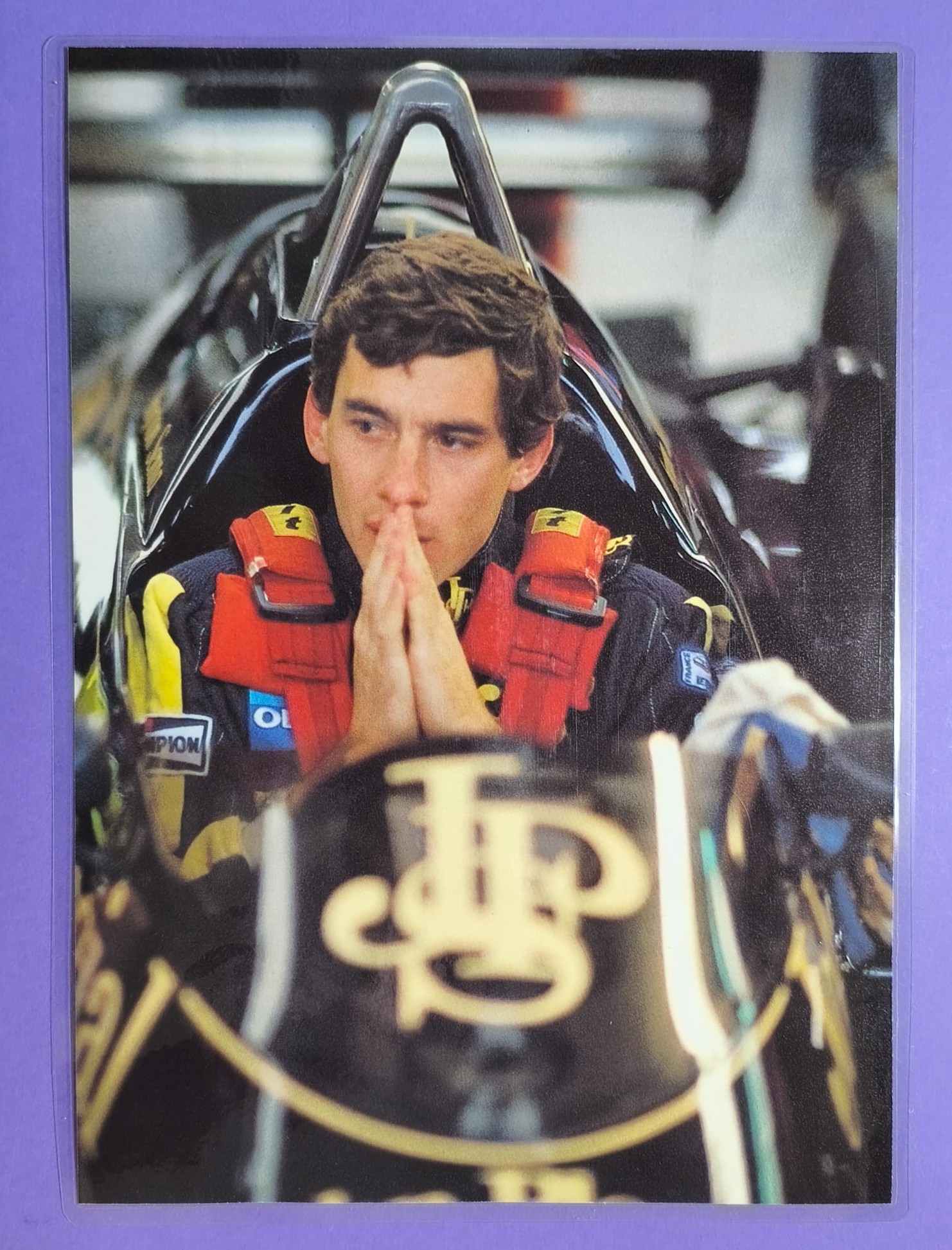altes Bild laminiert, Ayrton Senna, John Player Lotus Renault, Formel 1 Grand Prix 80er Jahre, 21x28cm