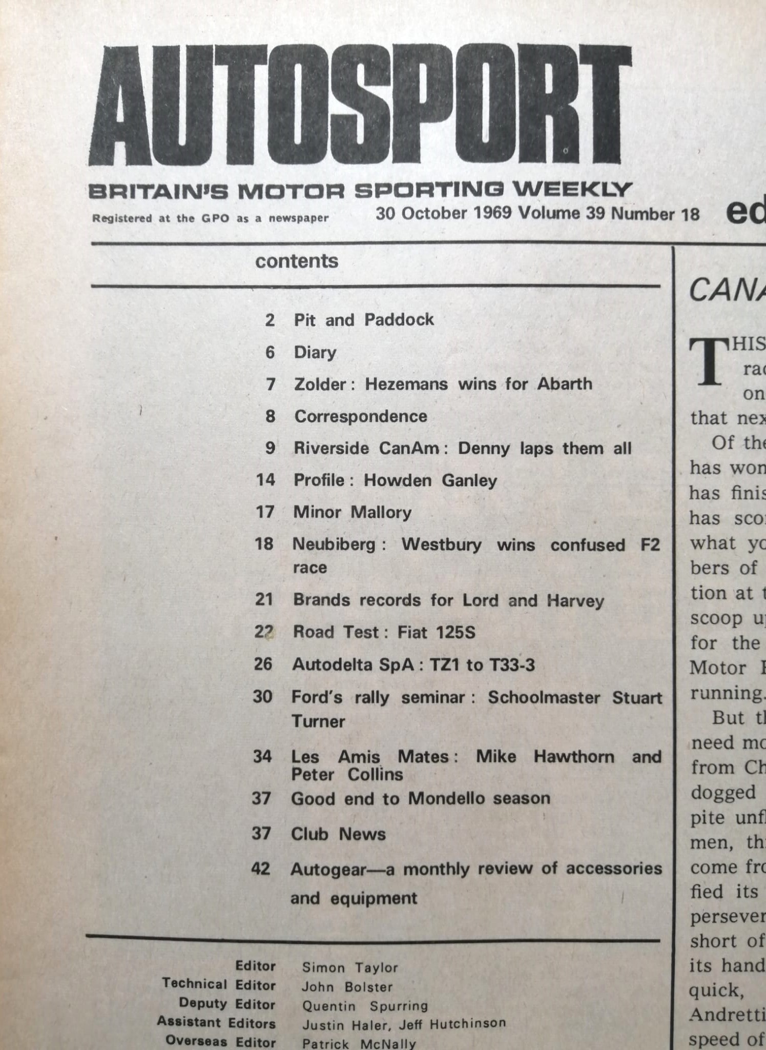 alte Zeitschrift Magazin Heft Autosport, 30. Oktober 1969, McLaren Can Am USA, Formel 2,.. Englisch! 