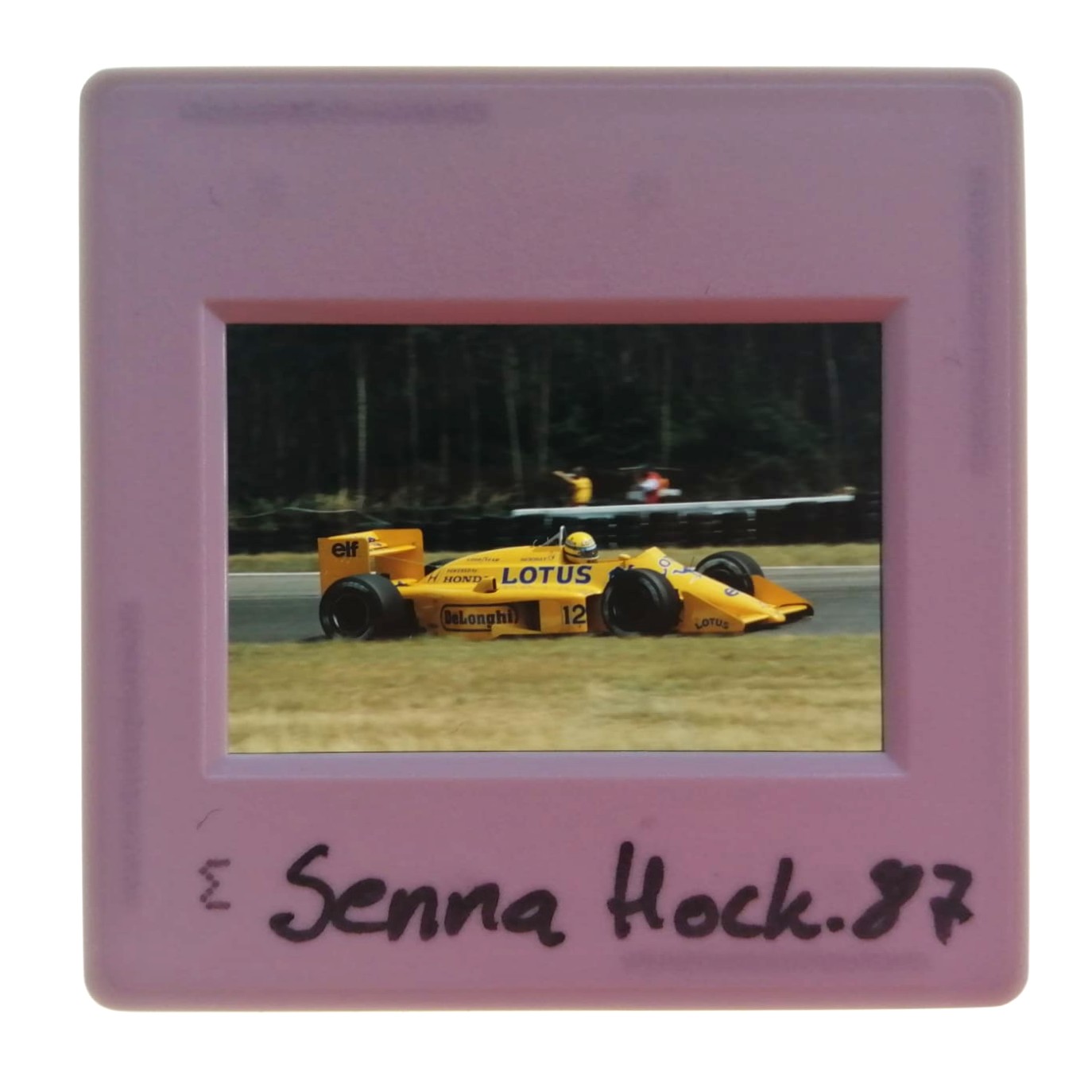 altes Presse Foto DIA, Ayrton Senna, Camel Lotus Honda, Formel 1 Grand Prix Deutschland Hockenheimring 1987, 5x5cm