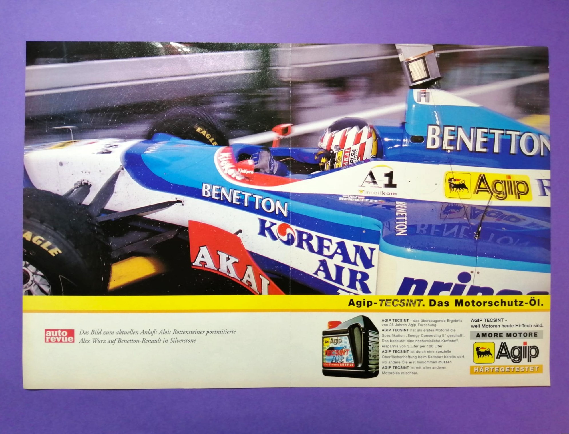 altes AGIP Poster, Alexander Wurz, Benetton Renault, Formel 1 Grand Prix Groß Britanien Silverstone 1997, 28x42cm