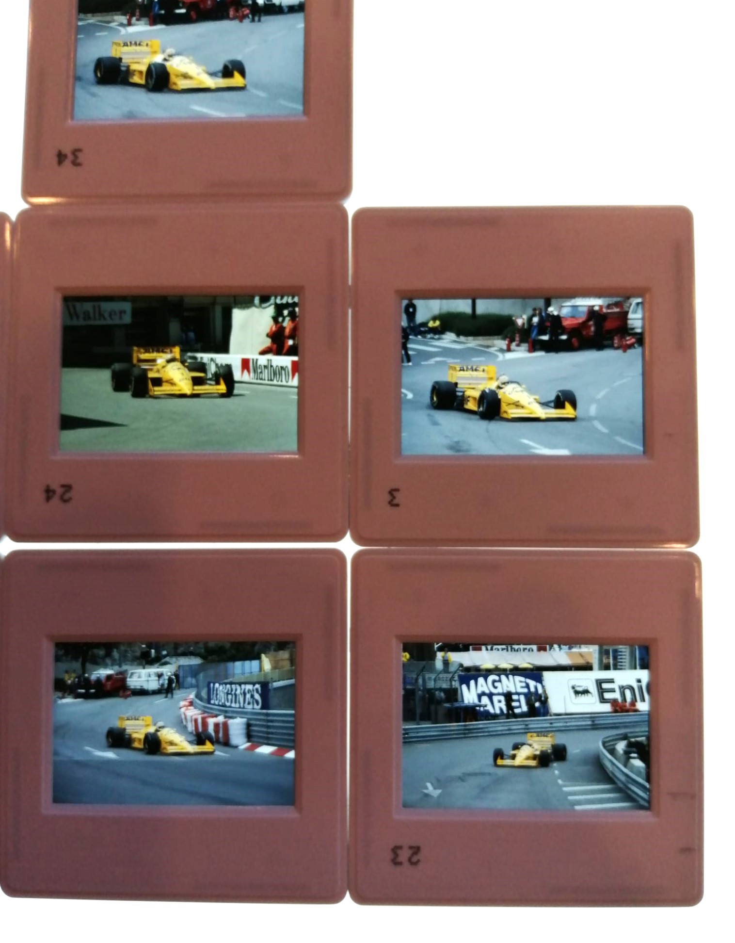 7 Stück alte Presse Foto DIAs, Nelson Piquet, Camel Lotus Honda, Formel 1 Grand Prix Monaco 1988, 5x5cm