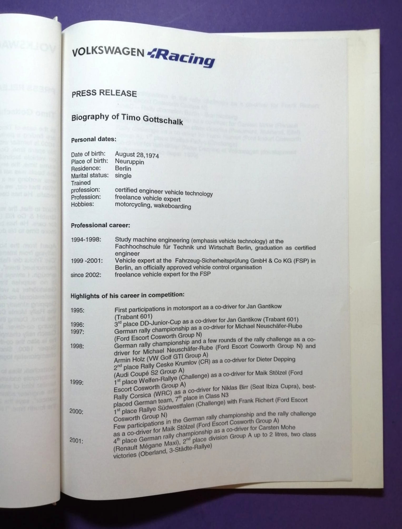 alte Pressemappe, Volkswagen Racing, Polo Super 1600 Rallye 2002, Kleinschmidt, Depping, Pons, Gottschalk Englisch!  