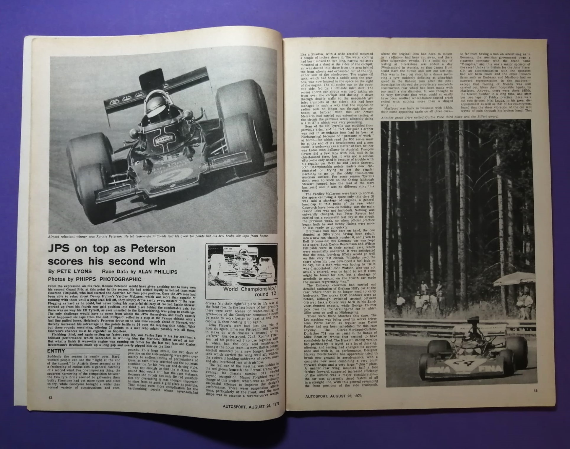 alte Zeitschrift Magazin Heft Autosport, 23. August 1973, Arturo Merzario Ferrari, Ronnie Peterson John Player Lotus, Formel 1 Österreichring Zeltweg,.. Englisch!