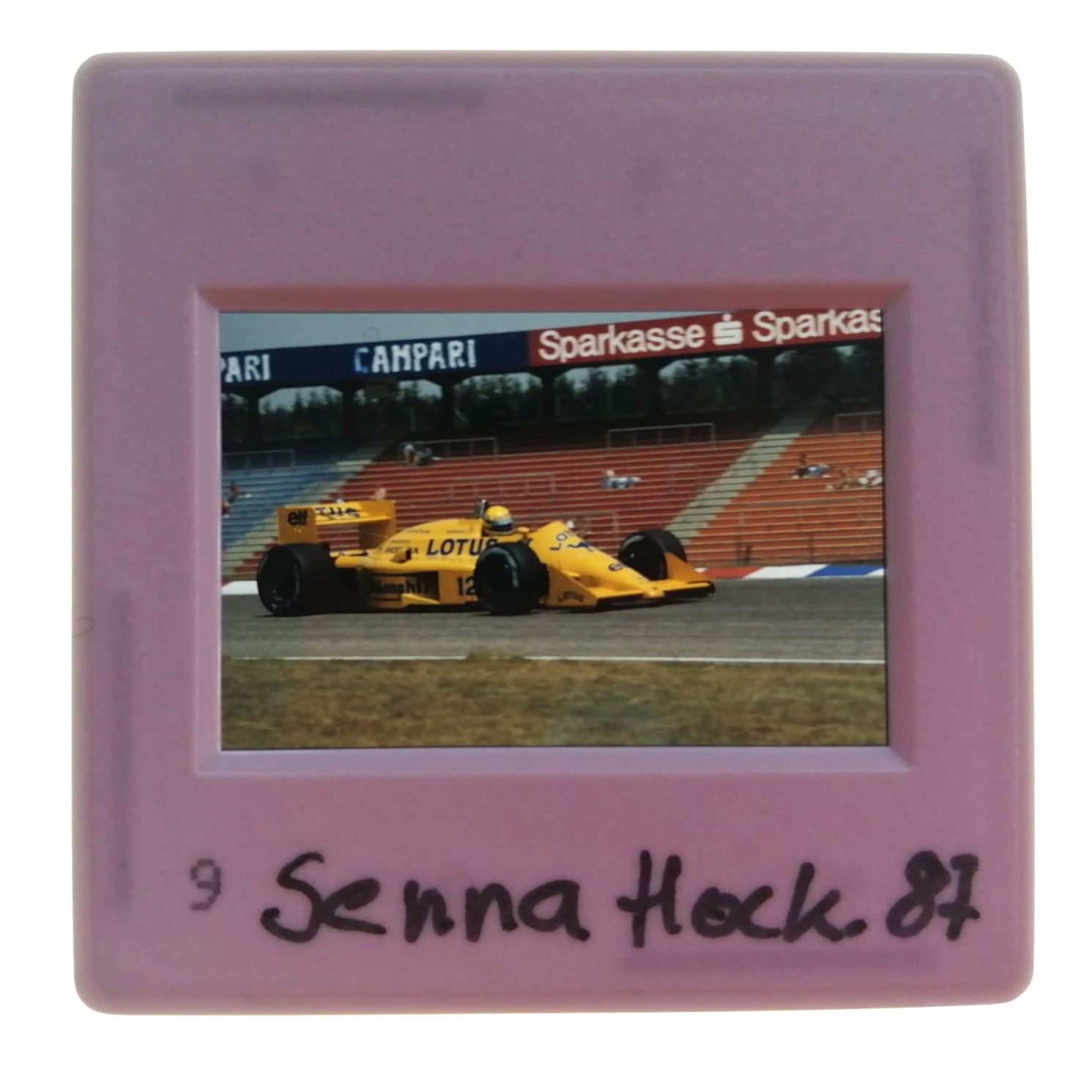 altes Presse Foto DIA, Ayrton Senna, Camel Lotus Honda, Formel 1 Grand Prix Deutschland Hockenheimring 1987, 5x5cm