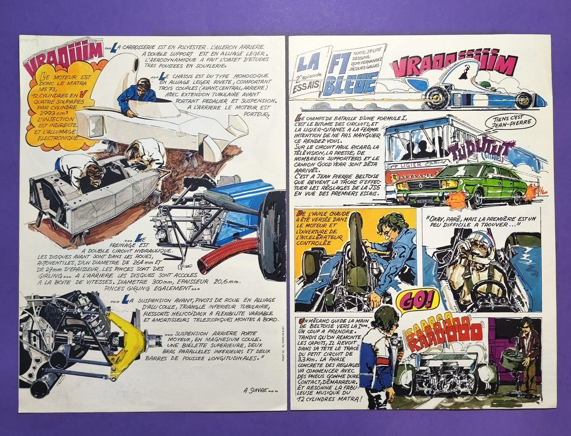 2 Stück alte Comic Folder, Gitanes Ligier Matra, Formel 1 Grand Prix 1976, 21x30cm