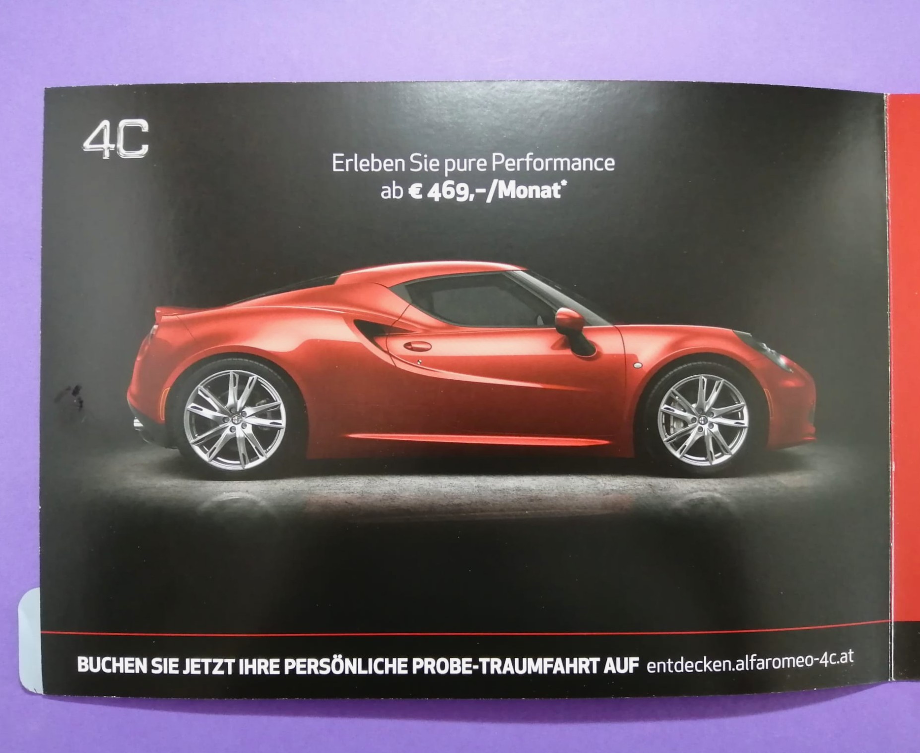 altes Original Autoprospekt, Alfa-Romeo 4C Sportcoupe, aus dem Jahr 2016, 3 Kartonseiten