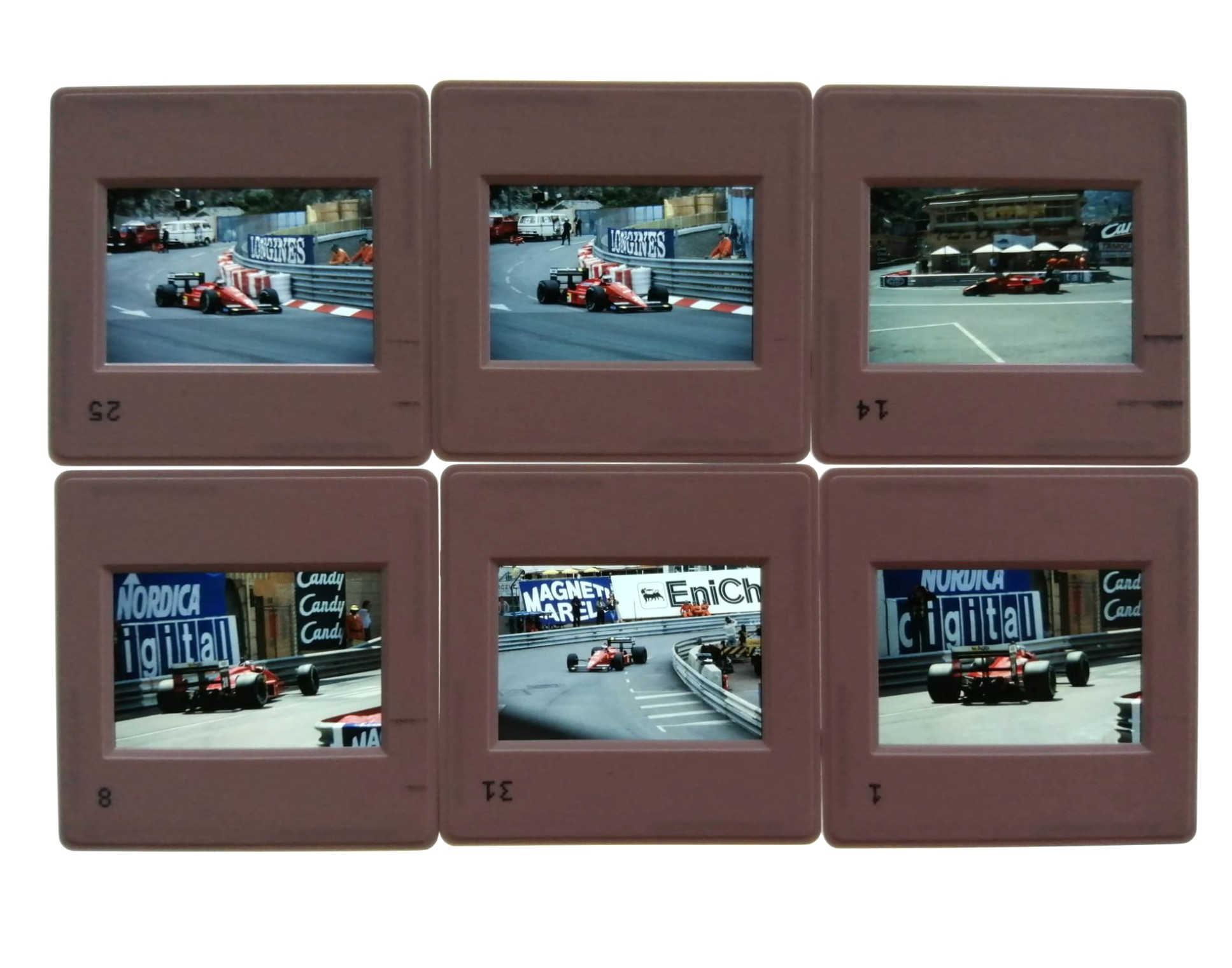 6 Stück alte Presse Foto DIAs, Gerhard Berger, Ferrari, Formel 1 Grand Prix Monaco 1988, 5x5cm