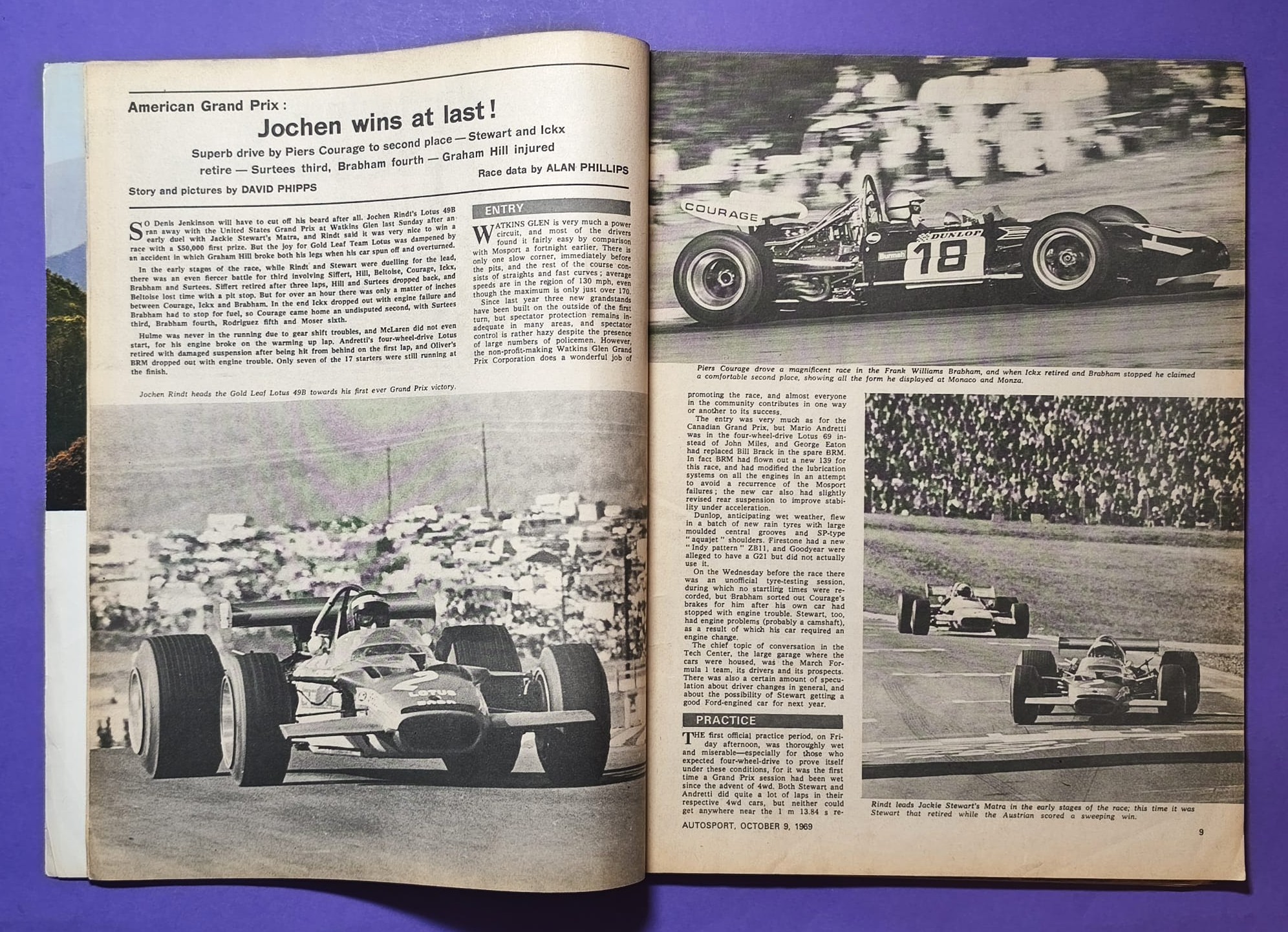 alte Zeitschrift Magazin Heft Autosport, 9. Oktober 1969, Jochen Rindt, Lotus72, Erster Formel 1 Grand Prix Sieg, USA Watkins Glen,.. Englisch!