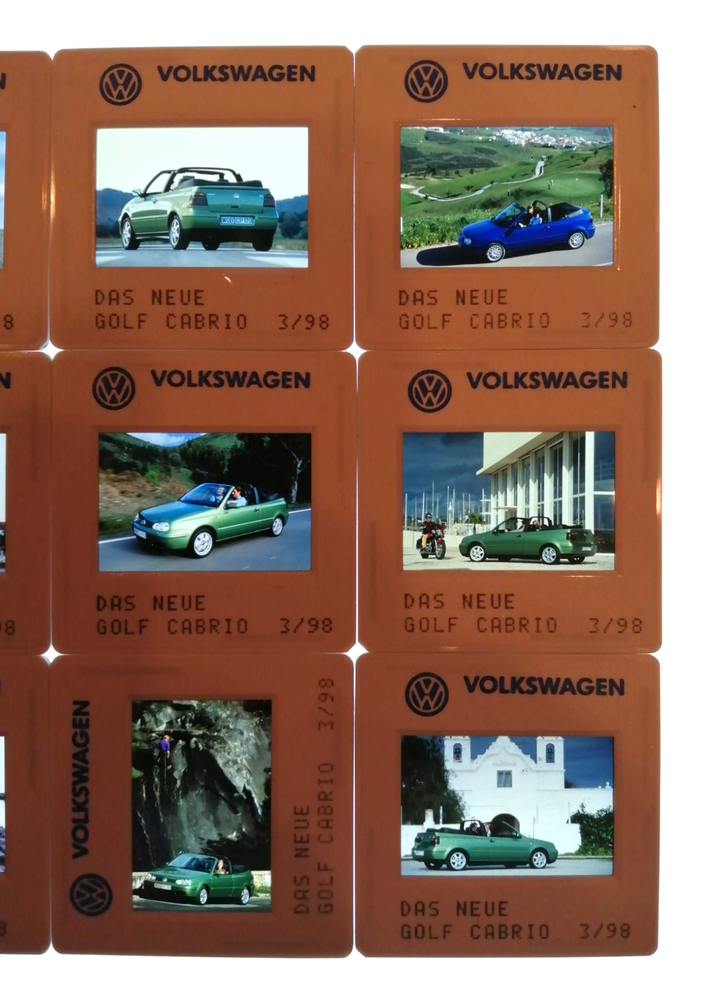 12 Stück alte Werks Presse Foto DIAs, VW Golf 4 (3) Cabrio, 1998, 5x5cm