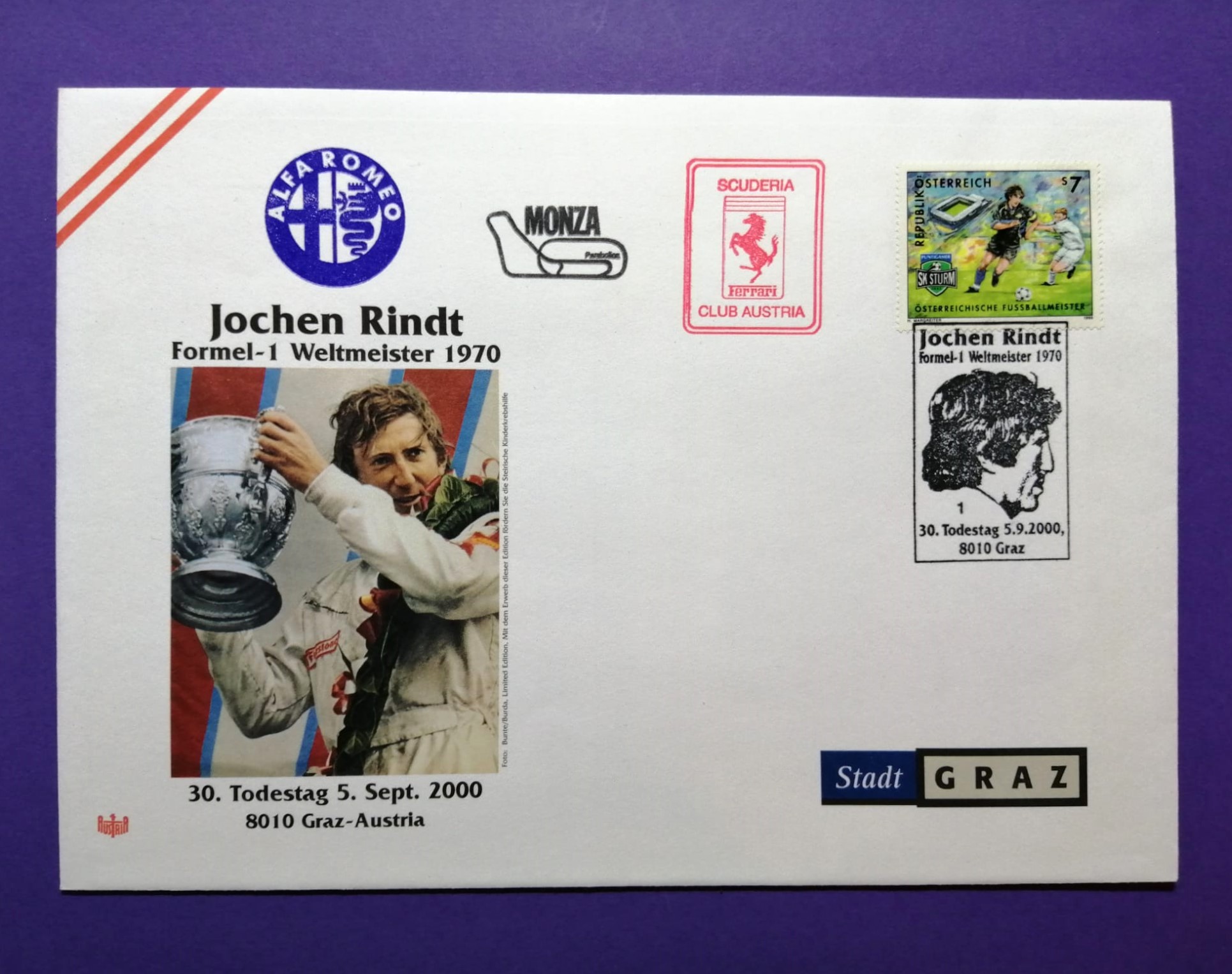 altes Briefkuvert Briefumschlag 16x23cm, Jochen Rindt, Formel 1 Grand Prix Weltmeister, Gold Leaf Lotus, Schilling Briefmarke SK Sturm Graz Fußball, Stempeln Alfa-Romeo, Ferrari, Monza