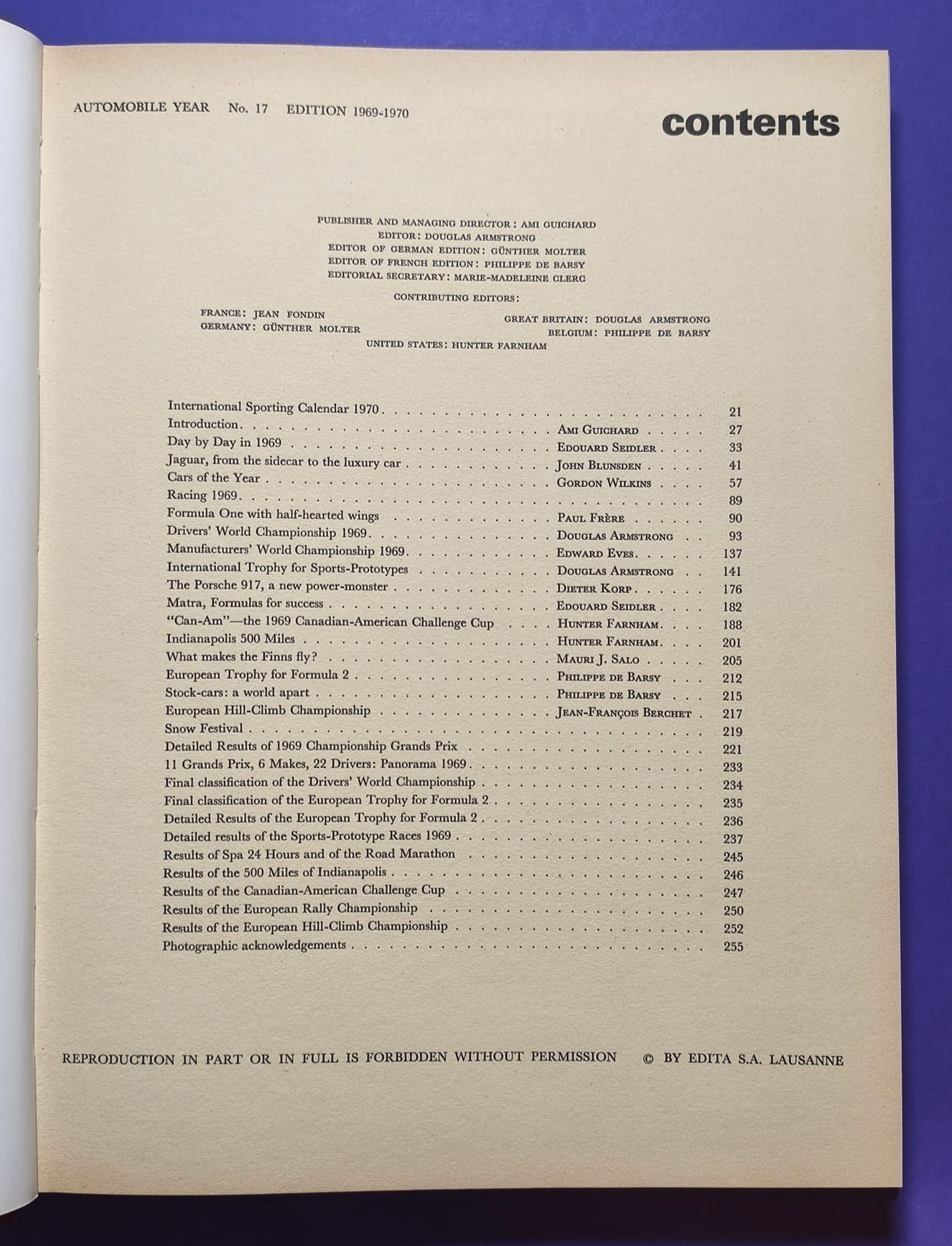 altes Buch, Automobile Year 1969-1970, Ford Capri, Opel Manta,.. Formel 1, LeMans, Rallye, Indy Car,.. Jochen Rindt, Hill, Ickx, Siffert, Stewart,.. Lotus, Ferrari, Porsche 917, Matra,.. ENGLISCH!