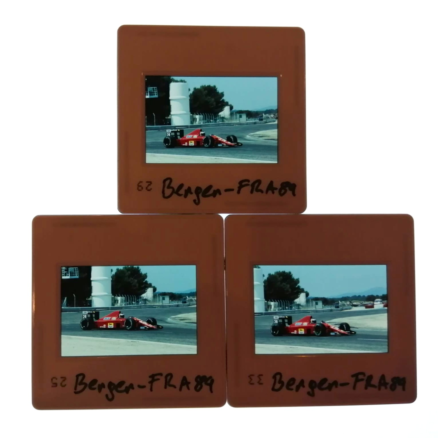 3 Stück alte Presse Foto DIAs, Gerhard Berger, Ferrari, Formel 1 Grand Prix Frankreich Le Castellet Paul Ricard 1989, 5x5cm 