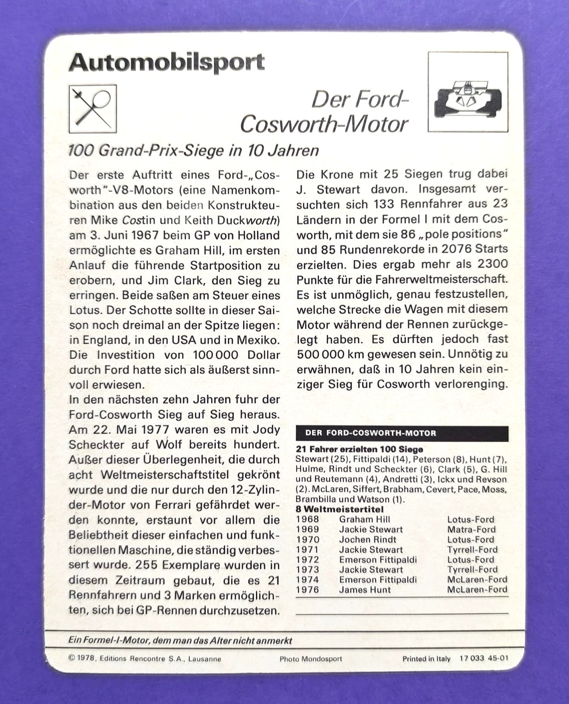 alte Sammelkarte, Ford Cosworth V8 Motor, Formel 1 Grand Prix 70er Jahre, 12x16cm