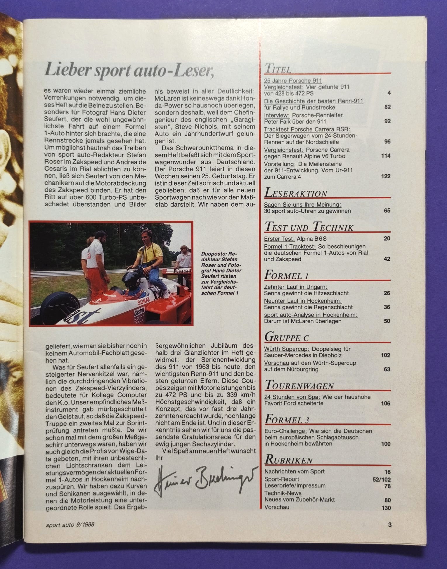 alte Zeitschrift Magazin Heft Sport Auto, 9/1988, West Zakspeed Formel 1 Grand Prix, Test BMW Alpina B6 3.5S E30, Martini Porsche 911, 935/78 Moby Dick, Würth Supercup, Ayrton Senna,..