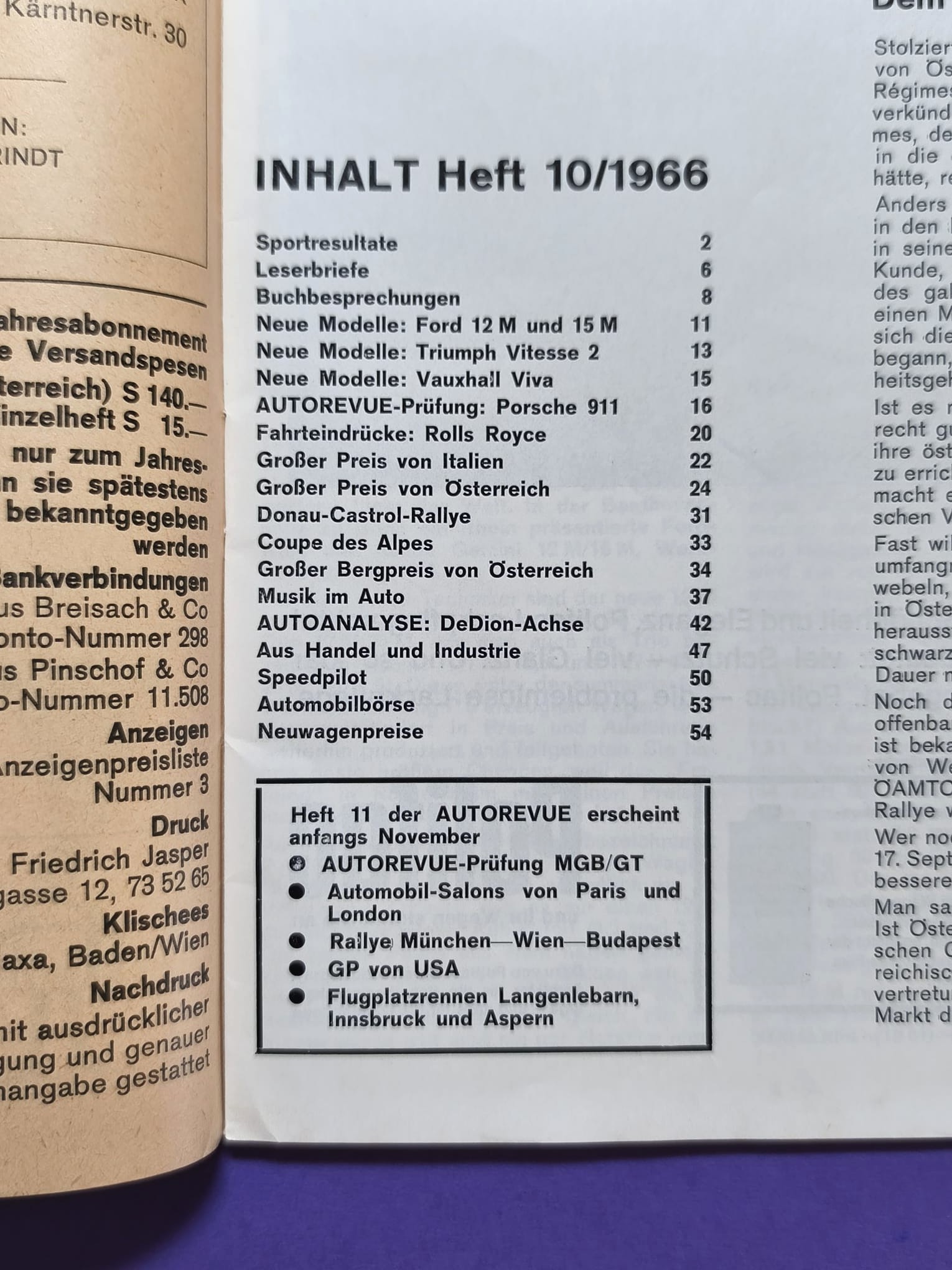 alte Zeitschrift Magazin Heft Auto Revue, 10/1966, Porsche 911, Formel 1, Rallye, Flugplatzrennen Zeltweg,.. mit Mittelposter Formel V