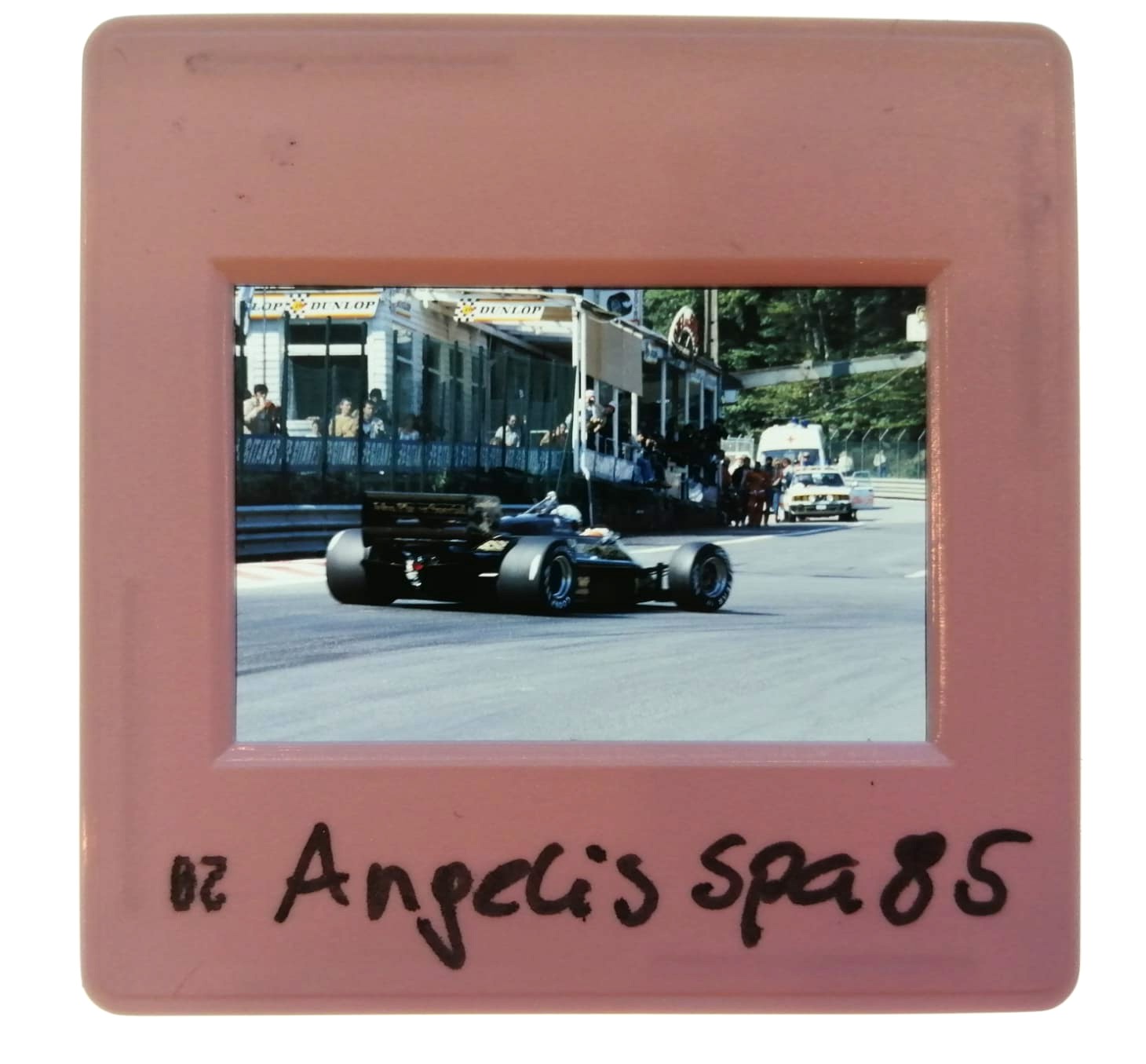 altes Presse Foto DIA, Elio de Angelis, John Player Lotus, Formel 1 Grand Prix Belgien Spa-Francorchamps 1985, 5x5cm