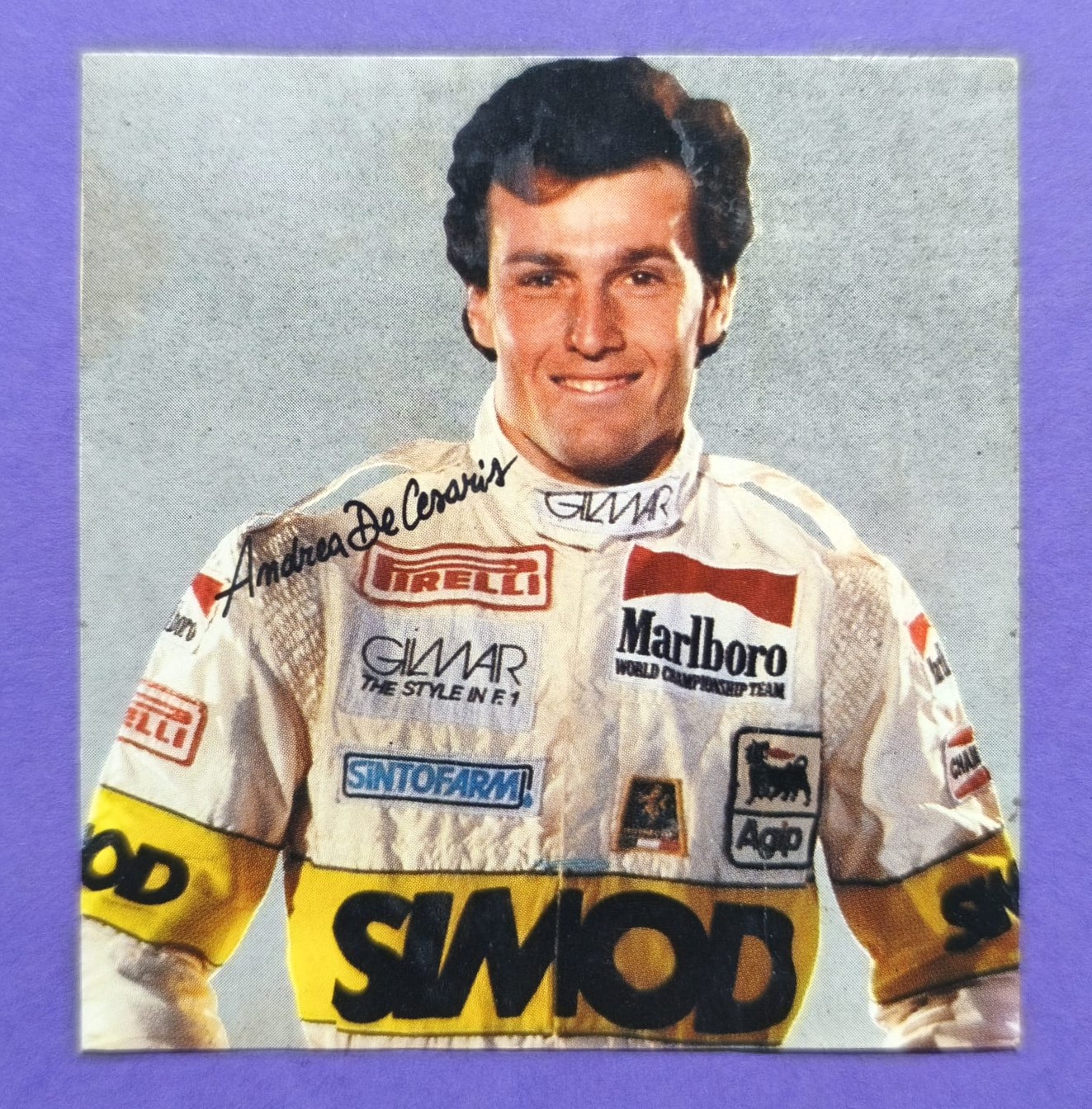 RARITÄT! alter Aufkleber Sticker, Andrea de Cesaris, Minardi, Formel 1 Grand Prix 1986, 7x7cm