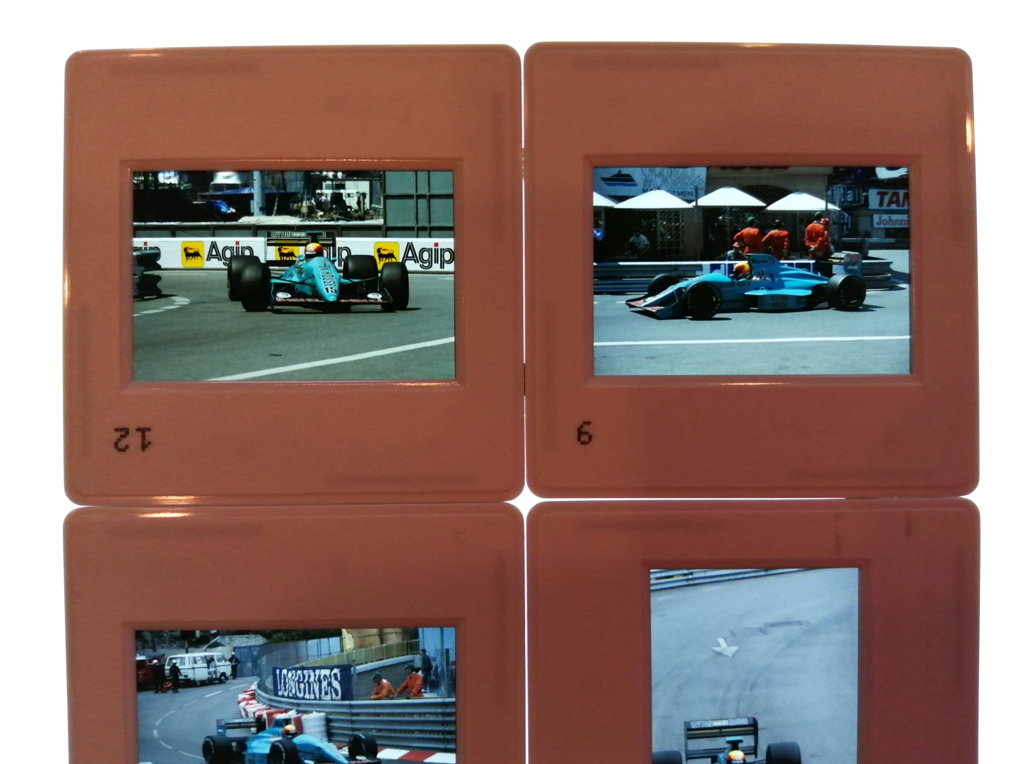 6 Stück alte Presse Foto DIAs, Maurício Gugelmin, Leyton House March Judd, Formel 1 Grand Prix Monaco 1988, 5x5cm