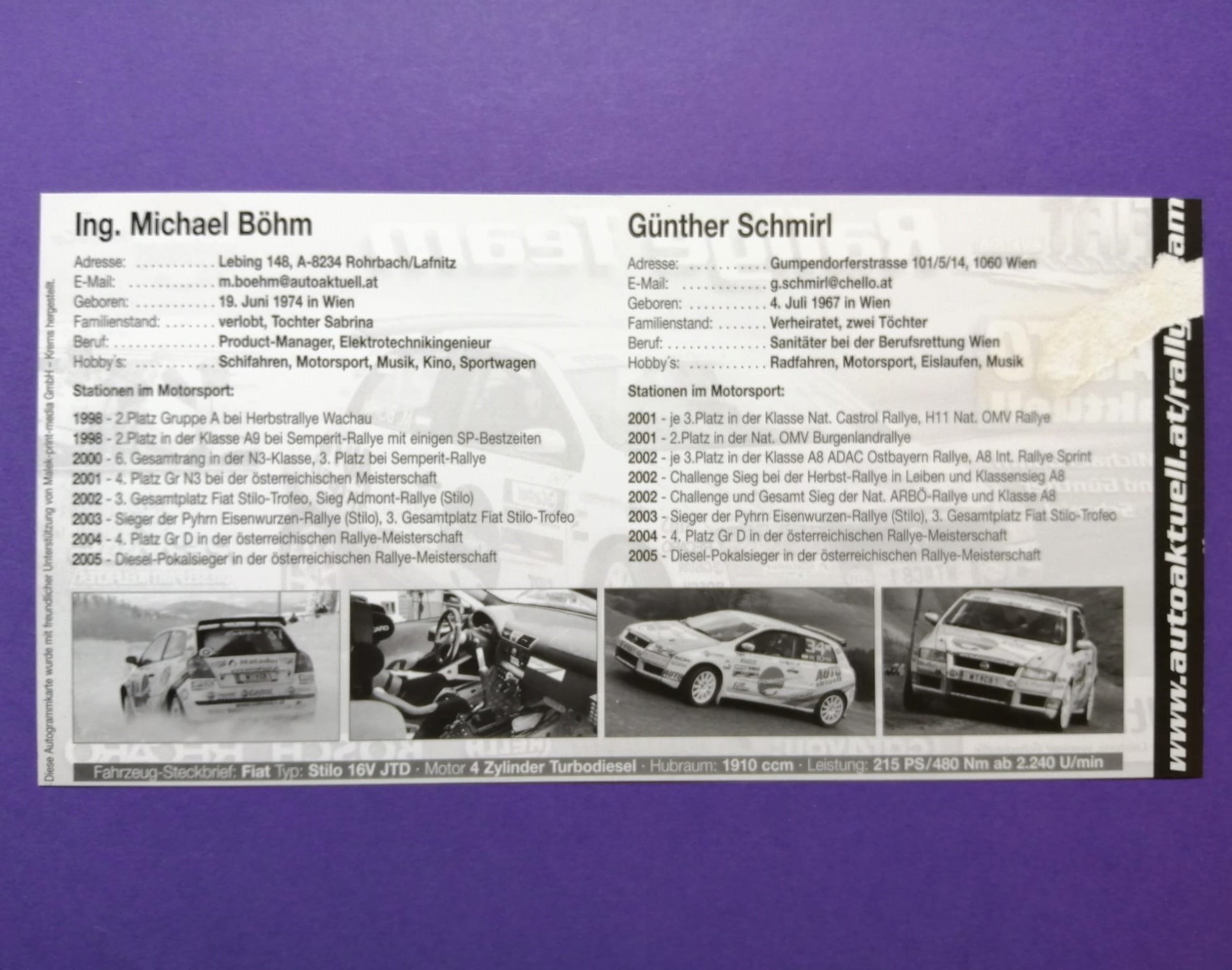 alte Autogrammkarte, Michael Böhm, Günther Schmirl, Fiat Stilo Diesel, Rallye Österreich, 10x20cm