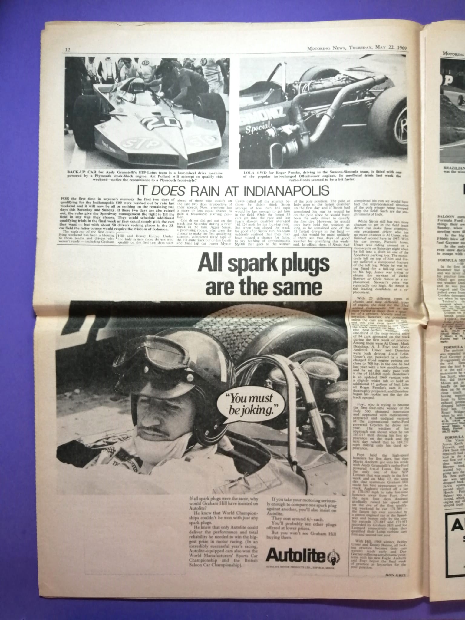RARITÄT! alte Zeitung, Motoring News, 22. Mai 1969, G. Hill, Lotus, Sieger Formel 1 Monaco, R. Peterson Formel 3, Mini Cooper, Mikkola, Rallye,.. Englisch