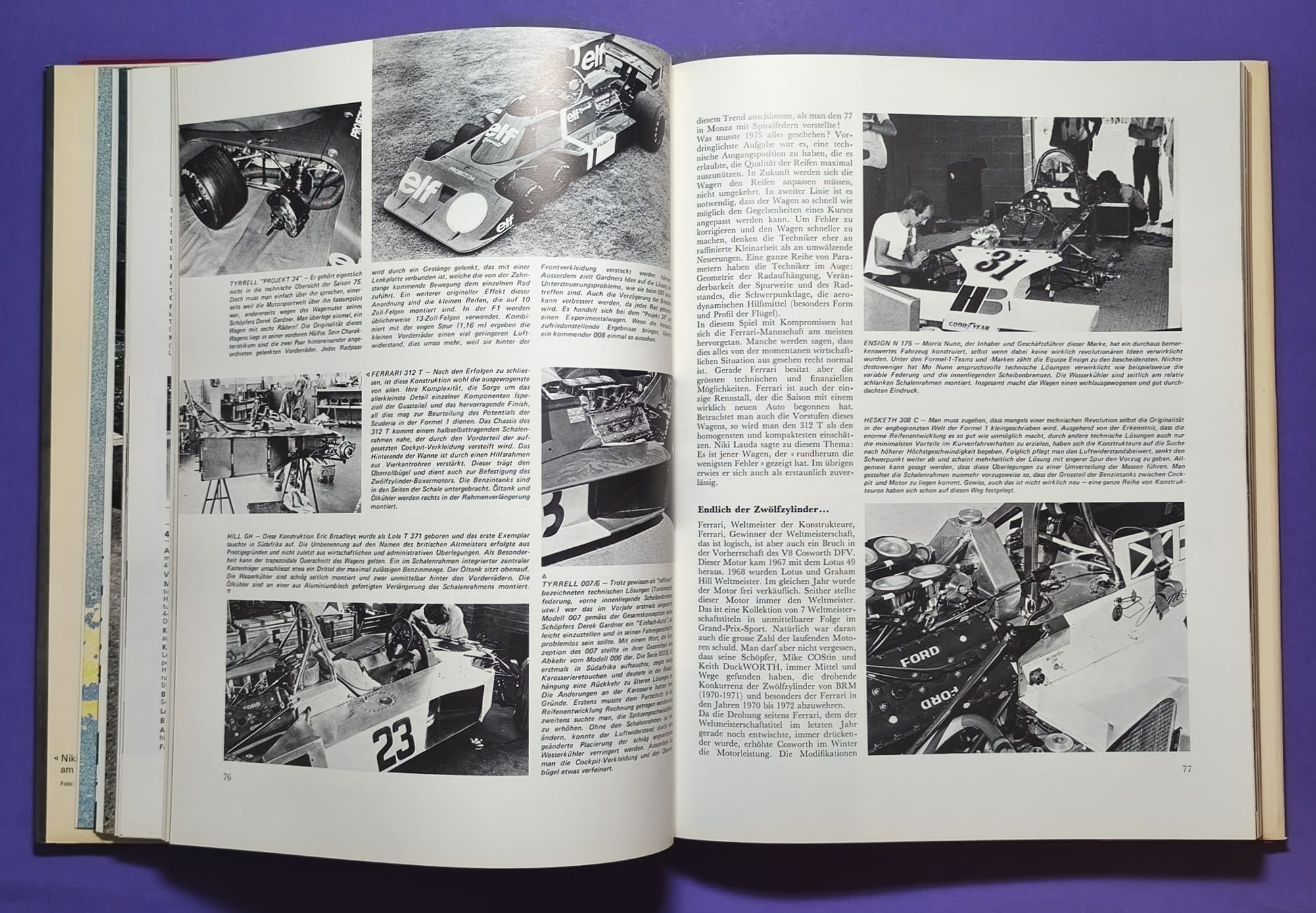 altes Buch, Auto Jahr 1975-1976, Nr. 23, Alfa, Lancia Stratos, Jaguar, Porsche, Rolls-Royce, .. Formel 1, 3, LeMans, Rallye,.. 6 Rad Tyrrell, Niki Lauda Ferrari, Hunt, McLaren, Lotus,..