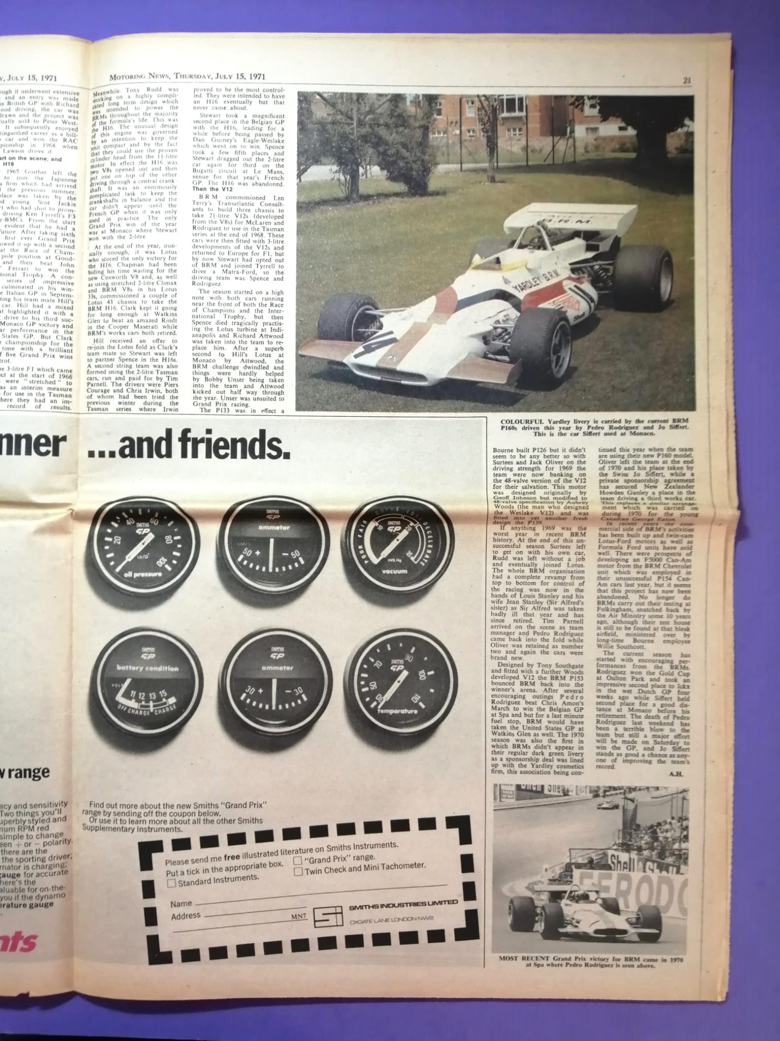 RARITÄT! alte Zeitung, Motoring News, 15. Juli 1971, Cevert, Hill, Siffert, Peterson, Stewart, BRM, Tyrrell, Formel 1 Grand Prix,.. Englisch