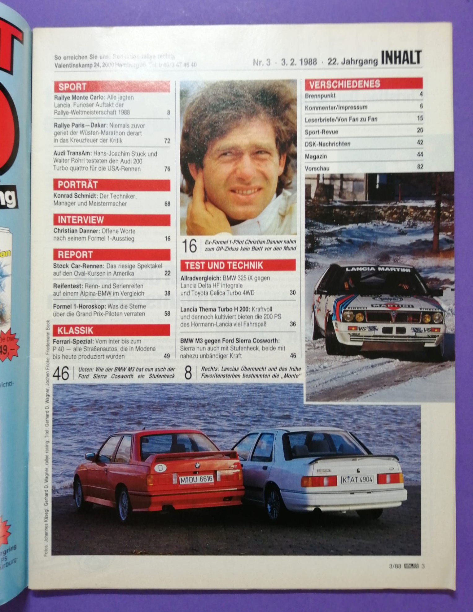 alte Zeitschrift, Magazin, Heft, Rallye Racing, Nr. 3, 3. Februar 1988, Vergleichstest BMW M3 E30, Lancia Delta Integrale, Ford Sierra Cosworth, Martini Lancia Rallye, Röhrl, Stuck, Audi,..