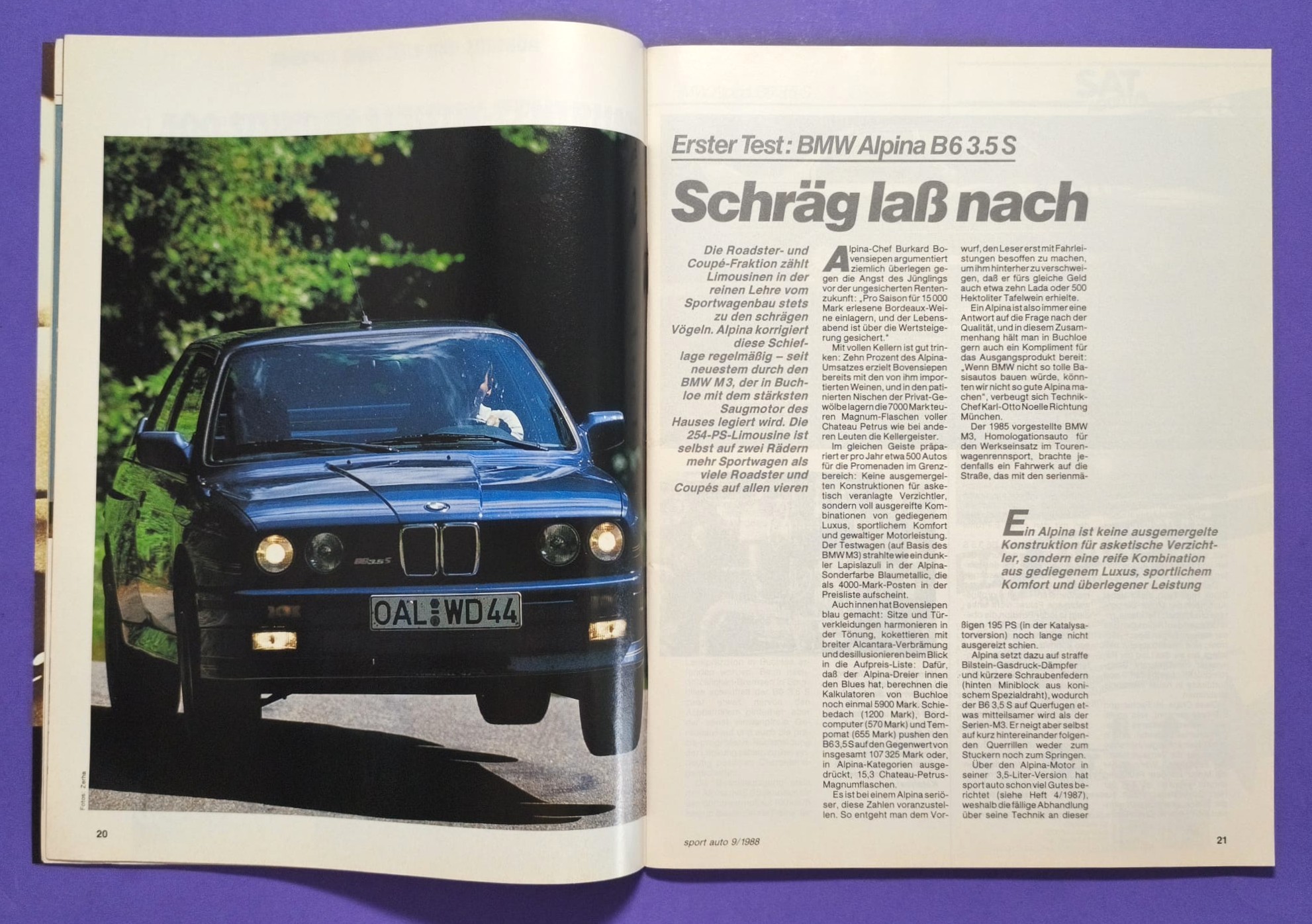 alte Zeitschrift Magazin Heft Sport Auto, 9/1988, West Zakspeed Formel 1 Grand Prix, Test BMW Alpina B6 3.5S E30, Martini Porsche 911, 935/78 Moby Dick, Würth Supercup, Ayrton Senna,..