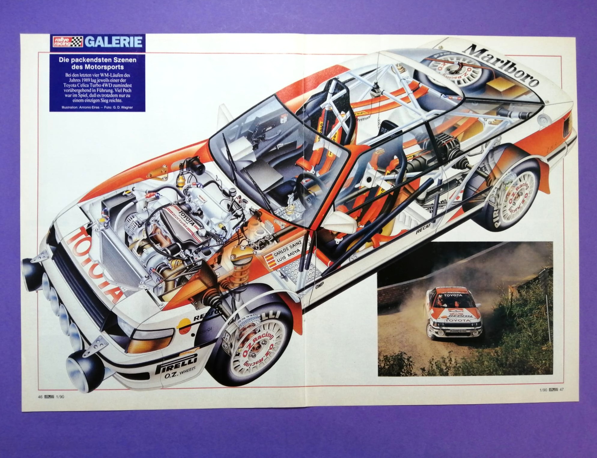 altes Poster, Toyota Celica Turbo 4WD, Carlos Sainz, Luis Moya, Rallye WM 1989, Technik Schnittbildzeichnung, 28x42cm
