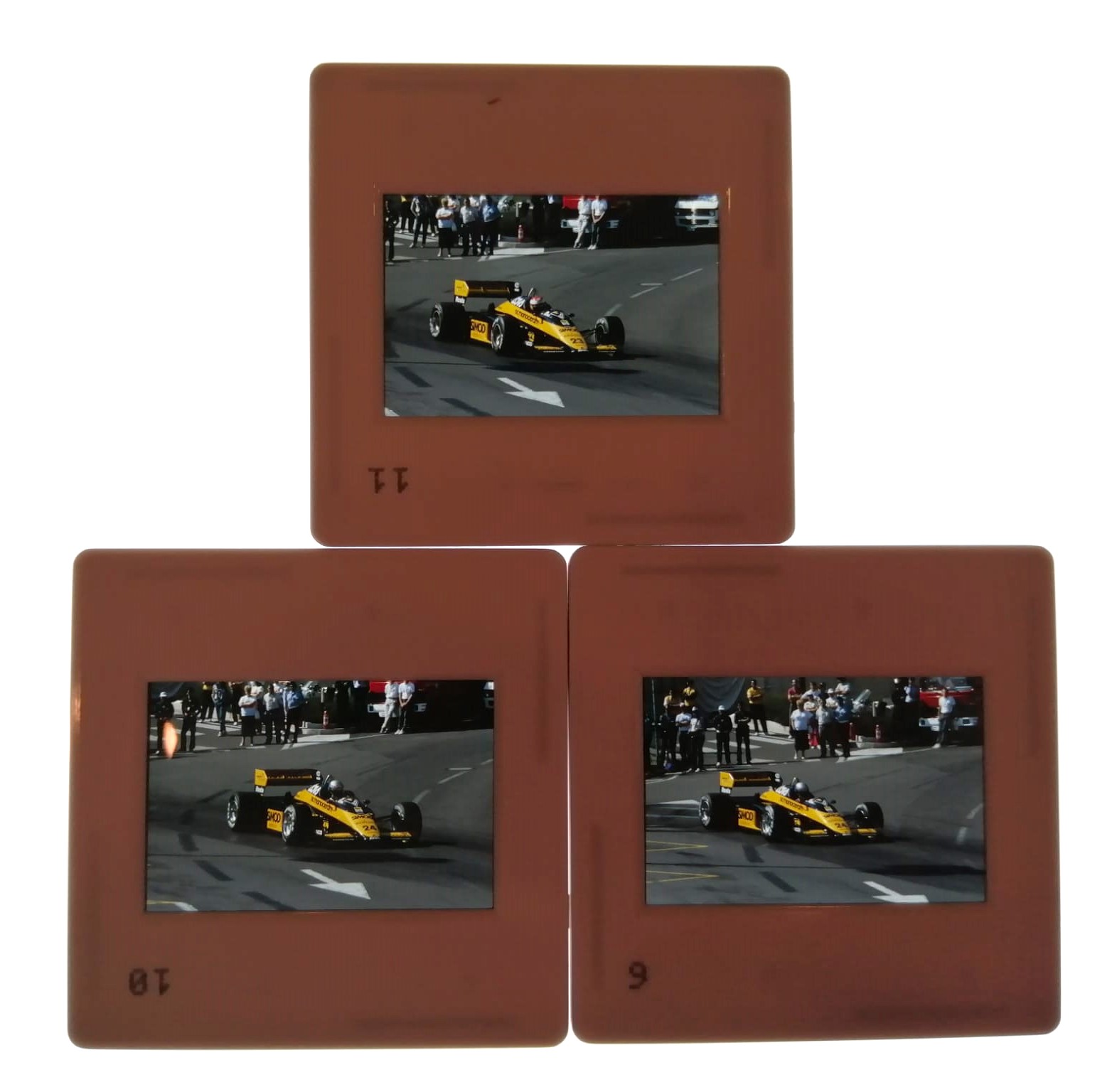 3 Stück alte Presse Foto DIAs, Alessandro Nannini, Adrian Campos, Minardi, Formel 1 Grand Prix Monaco 1987, 5x5cm