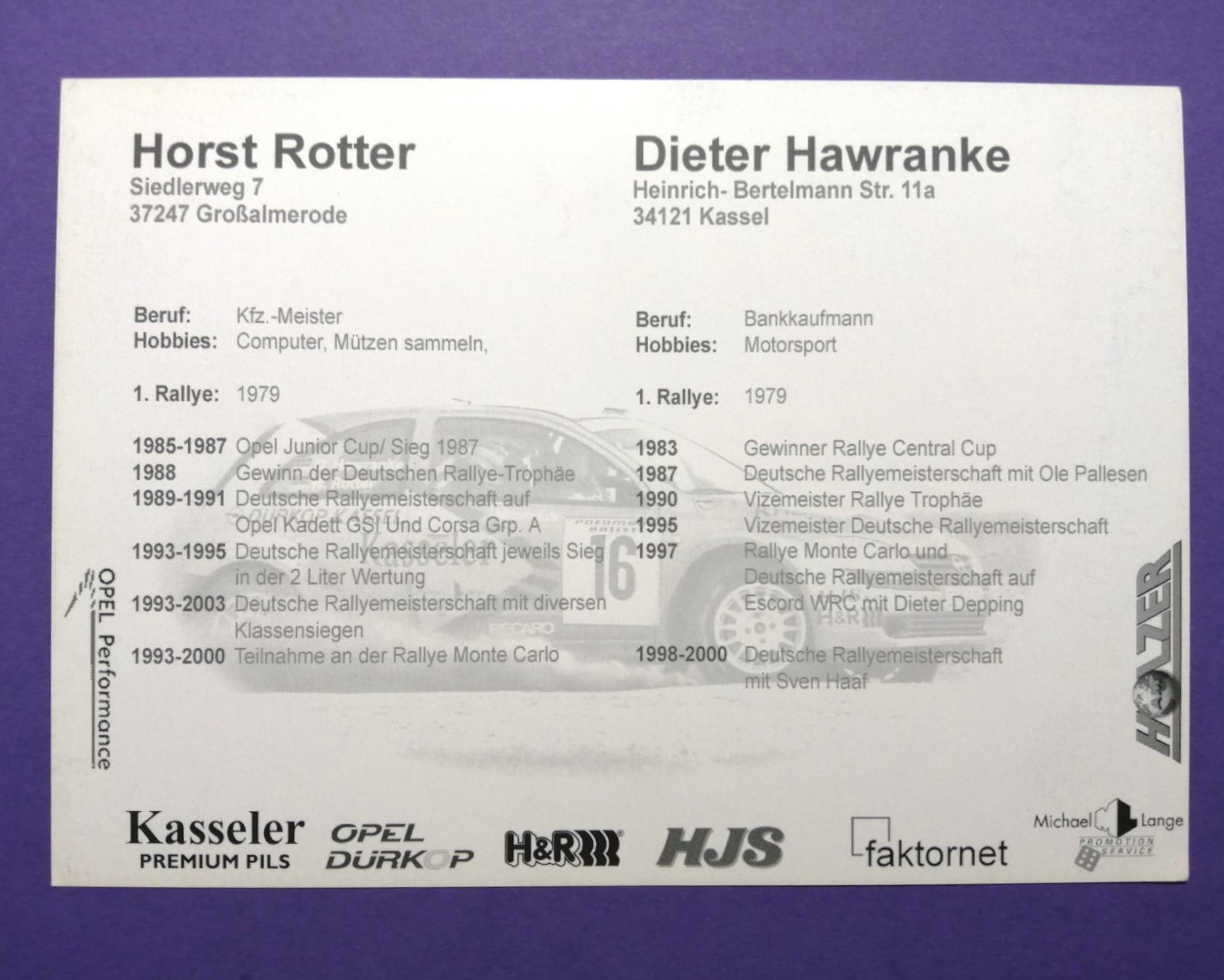 alte Autogrammkarte, Horst Rotter, Dieter Hawranke, Opel Corsa C, Rallye Deutschland 2000, 10x15cm