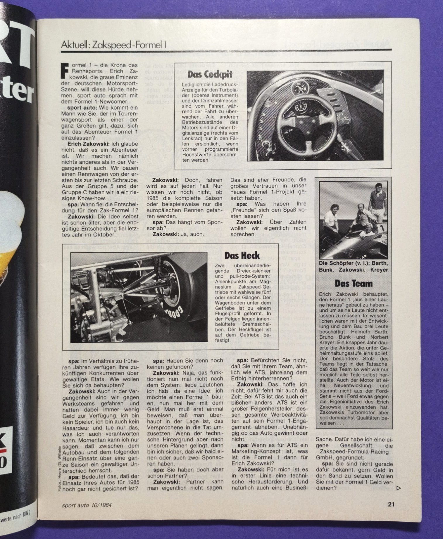 alte Zeitschrift Magazin Heft Sport Auto, 10/1984, Präsentation Zakspeed, Niki Lauda, Elio de Angelis, Lotus,..