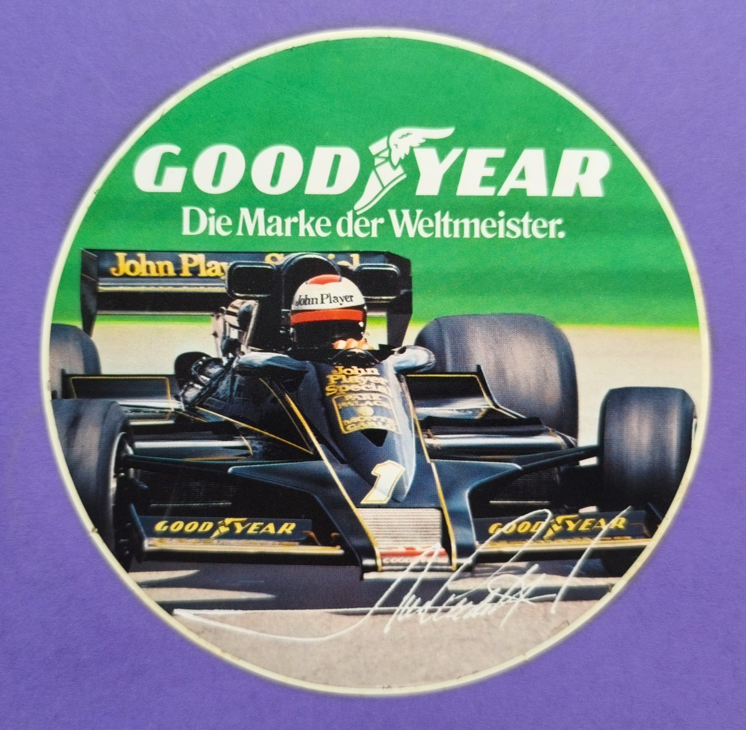 RARITÄT! alter Good Year Reifen Aufkleber Sticker, Mario Andretti, John Player Lotus, Formel 1 Grand Prix Weltmeister 1978, Durchmesser: 12 cm