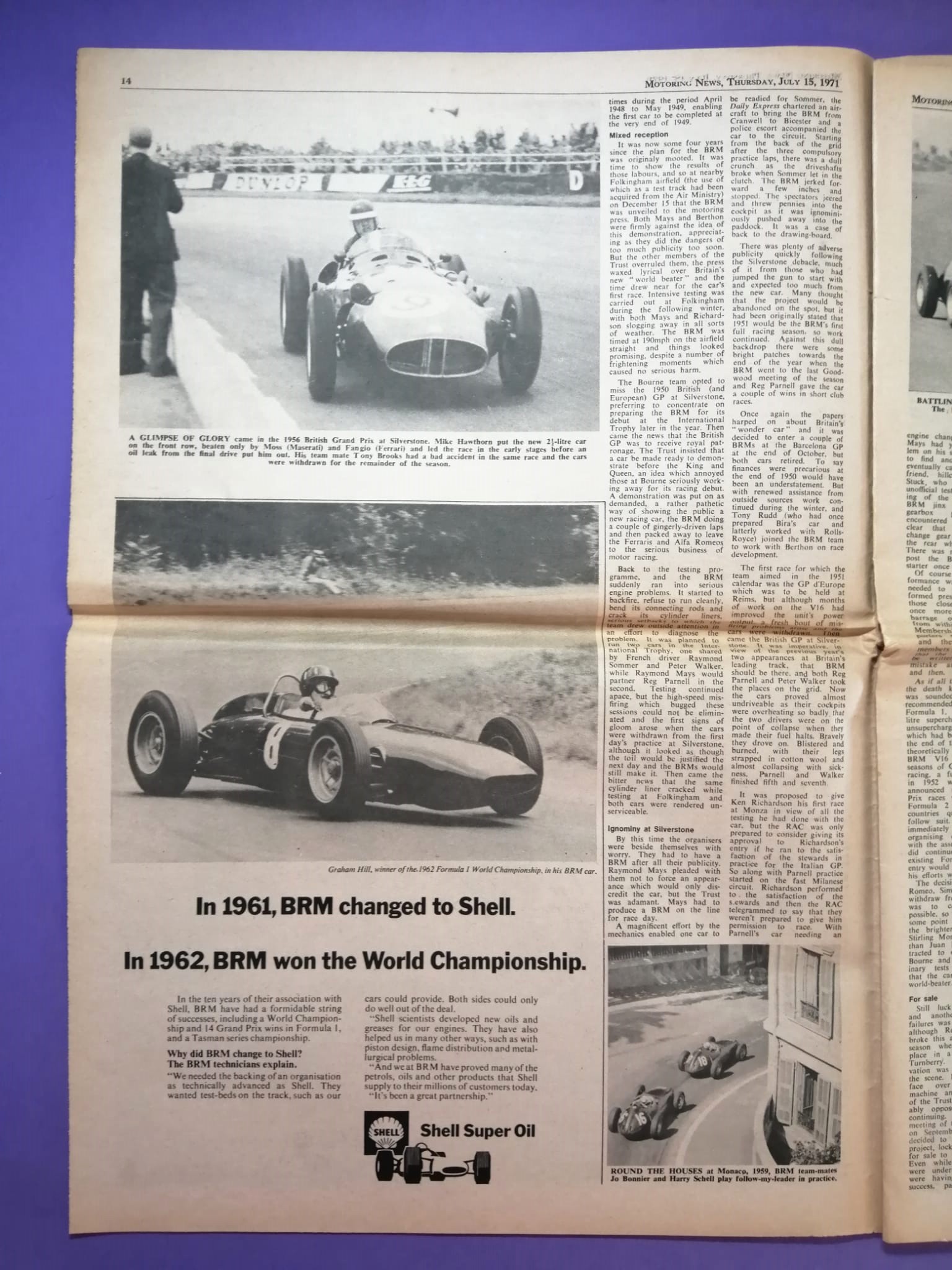 RARITÄT! alte Zeitung, Motoring News, 15. Juli 1971, Cevert, Hill, Siffert, Peterson, Stewart, BRM, Tyrrell, Formel 1 Grand Prix,.. Englisch