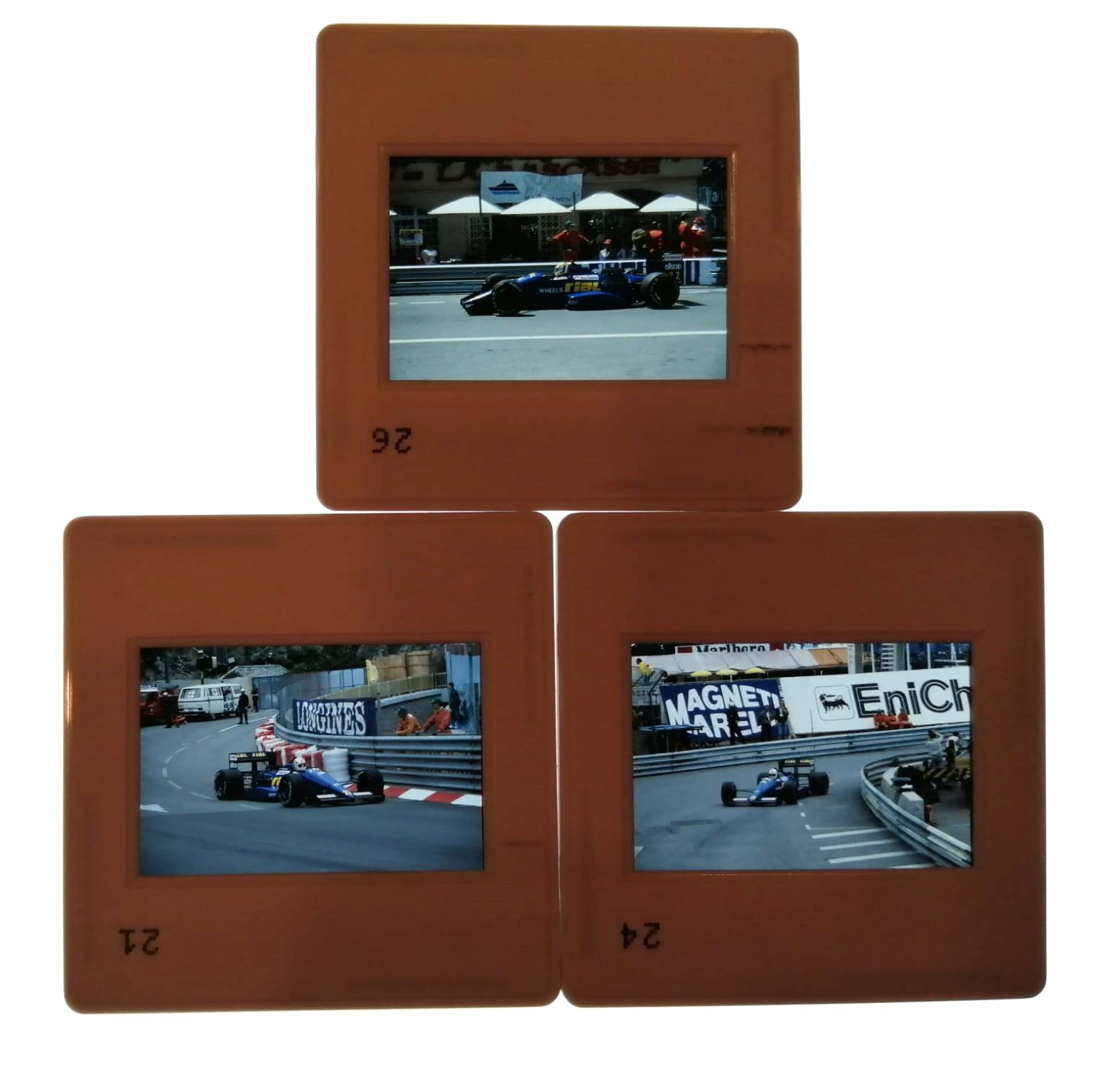 3 Stück alte Presse Foto DIAs, Andrea de Cesaris, Rial, Formel 1 Grand Prix Monaco 1988, 5x5cm